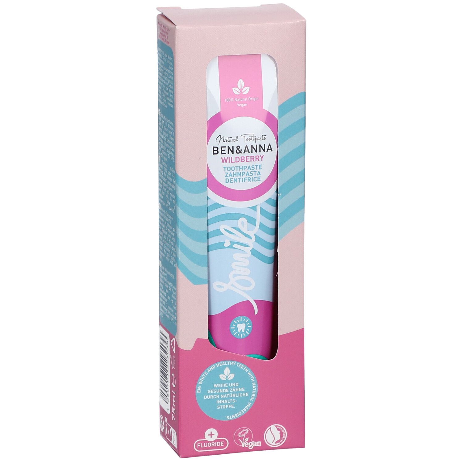 Zahnpasta in Verpackung. Rosa-weißes Design mit Produktnamen und Logo. Sichtbare Tube mit blau-rosa Wellenmuster.