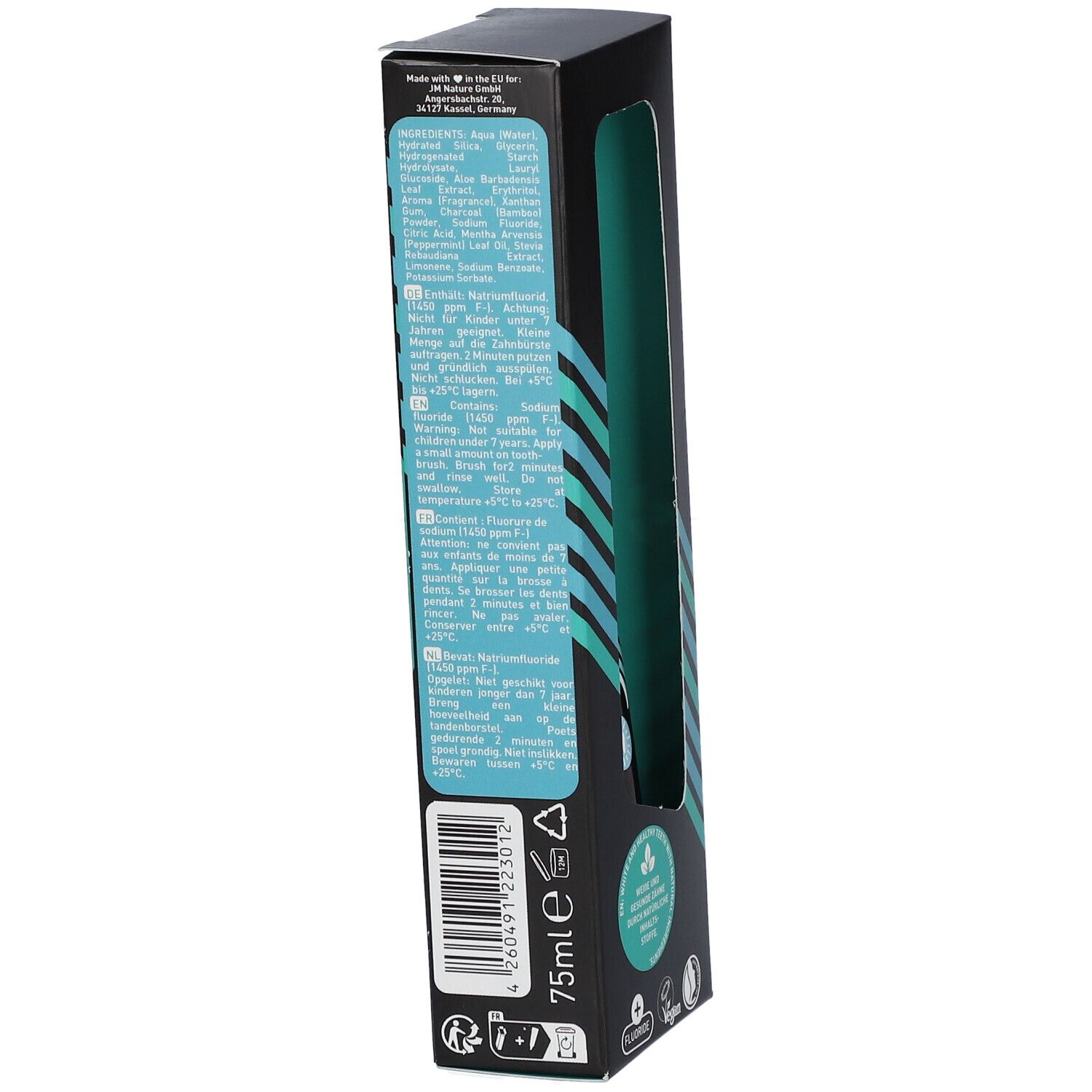 Rückseite der Zahnpasta-Schachtel. Text mit Inhaltsstoffen, Warnhinweisen und Zertifizierungen. Volumen: 75ml.