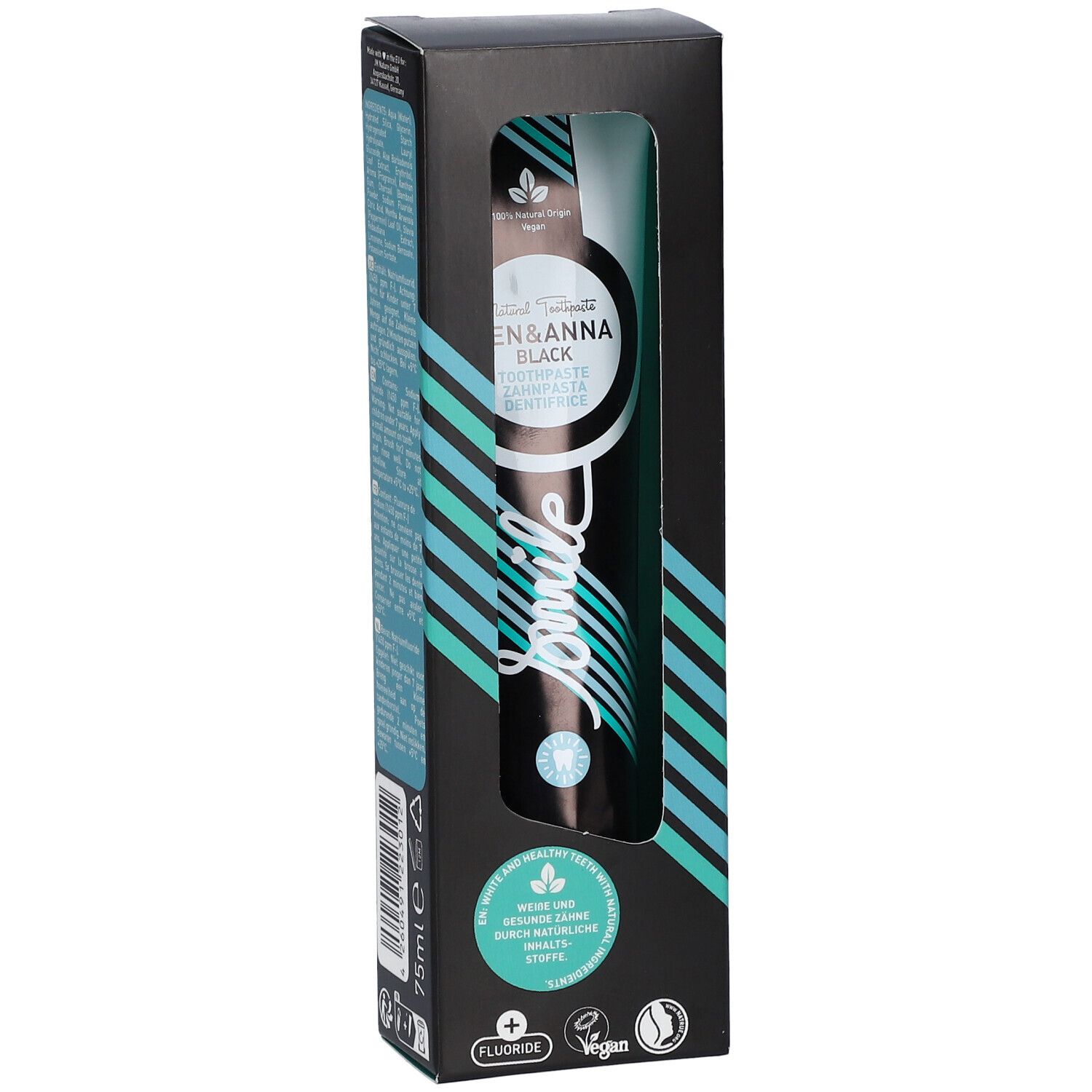 Zahnpasta in schwarzer Tube, in schwarzer Schachtel mit Sichtfenster. Marke: Ben & Anna. Aufschrift: Smile, Fluorid, Vegan. Volumen: 75ml.