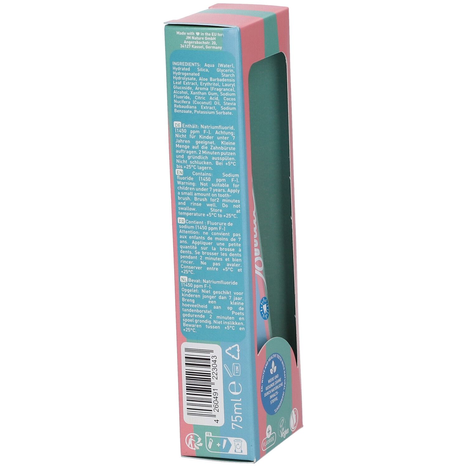 Emballage du dentifrice. Dos avec ingrédients et instructions. 75ml. Couleurs rose, bleu et vert.