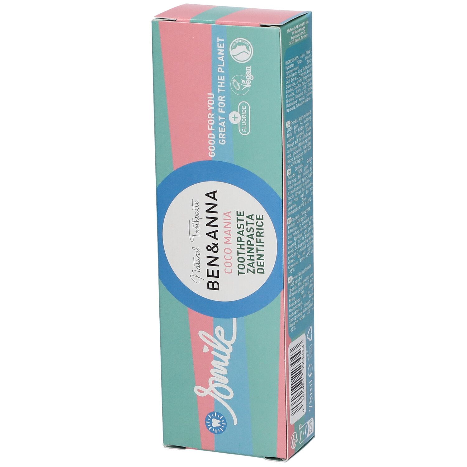 Emballage de dentifrice. Marque : Ben & Anna. Inscription : Coco Mania, Smile. Couleurs rose, bleu et vert. Label vegan.