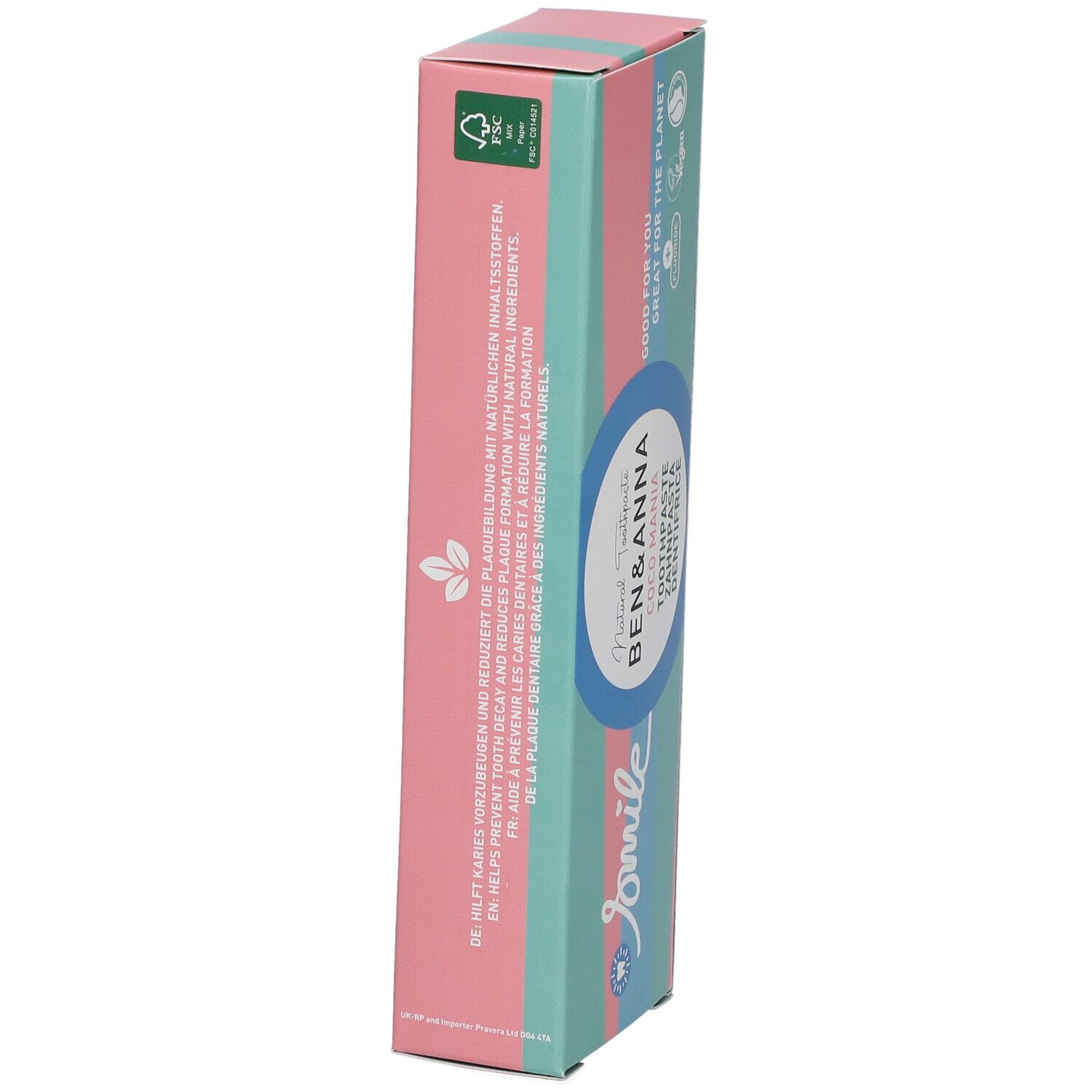 Emballage de dentifrice. Marque : Ben & Anna. Inscription : Coco Mania, Smile. Couleurs rose, bleu et vert. Label FSC.