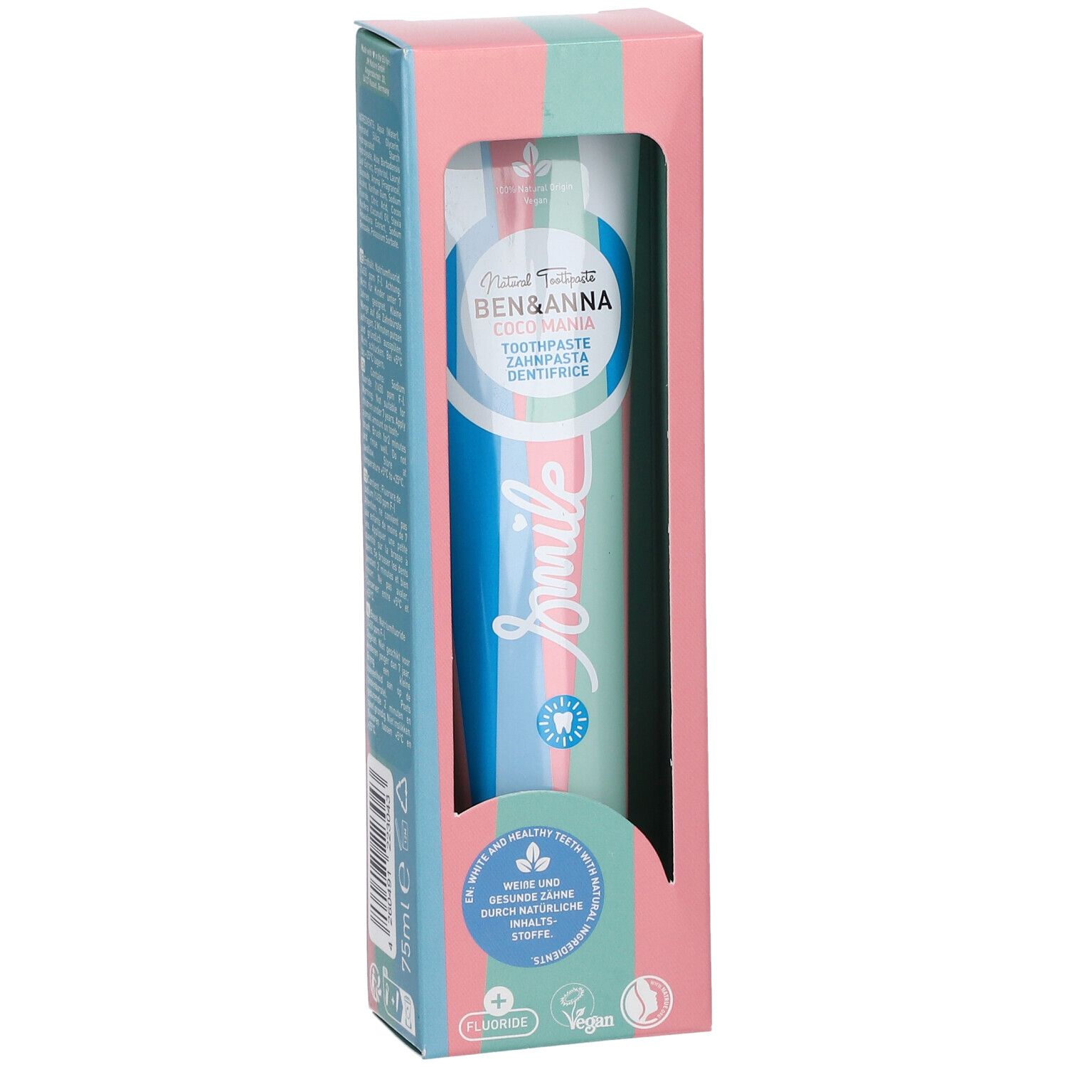 Dentifrice dans son emballage. Marque : Ben & Anna. Emballage rose, bleu et vert avec fenêtre. Inscription : Smile, Coco Mania.