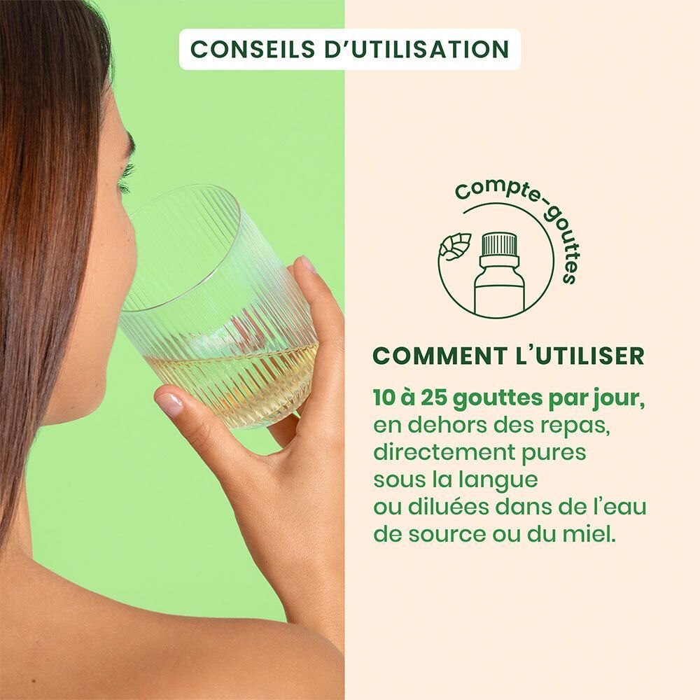 Femme buvant un liquide dans un verre. Texte: 10 à 25 gouttes par jour. Illustration: flacon avec compte-gouttes.
