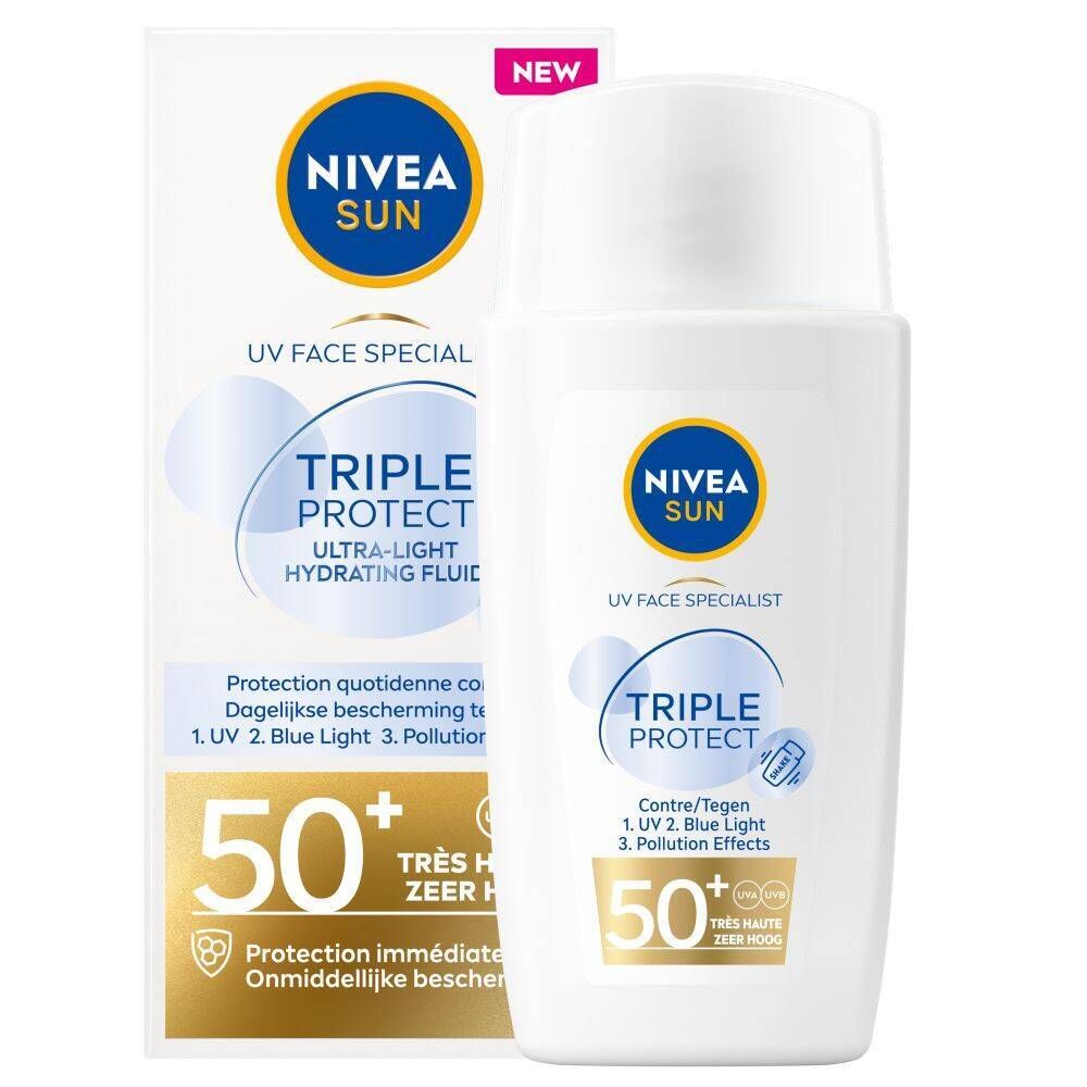 Fles en verpakking NIVEA SUN. Tekst: UV Face Specialist, Triple Protect, SPF50+, Ultra-Light Hydrating Fluid.