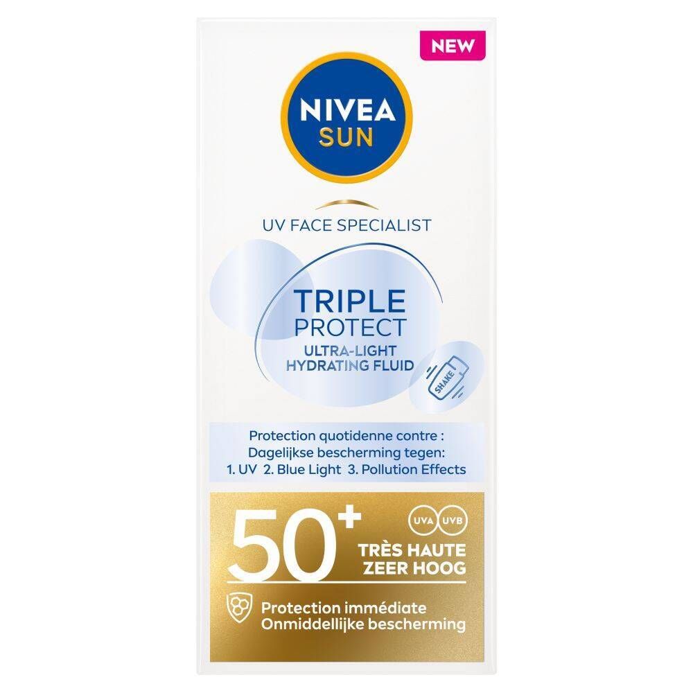 Verpakking NIVEA SUN. Tekst: UV Face Specialist, Triple Protect, SPF50+, Ultra-Light Hydrating Fluid, 'NEW'.
