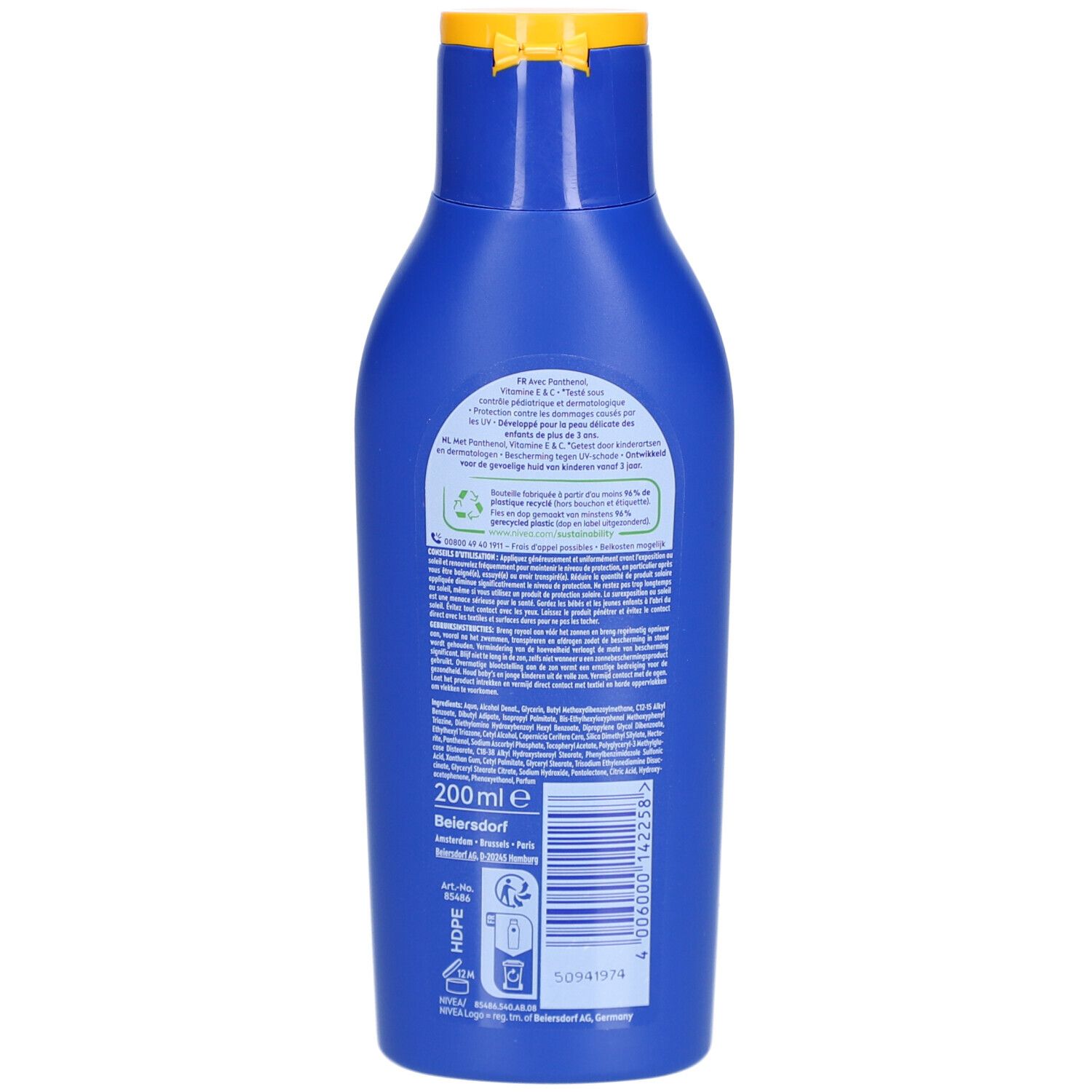 Dos d'un flacon bleu, bouchon jaune. Texte et informations sur les ingrédients et le fabricant.