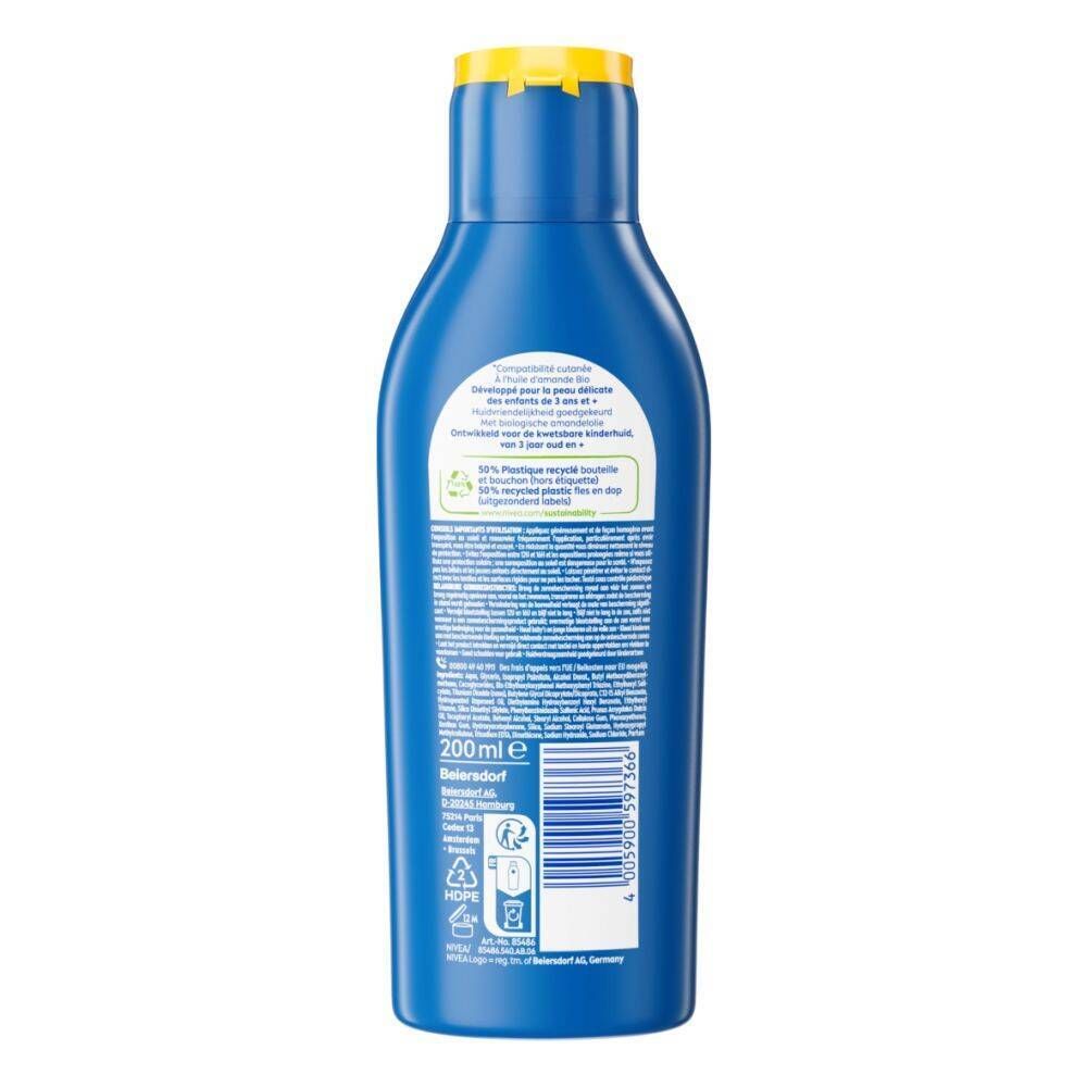 Dos d'un flacon bleu, bouchon jaune. Texte et informations sur les ingrédients et le fabricant.