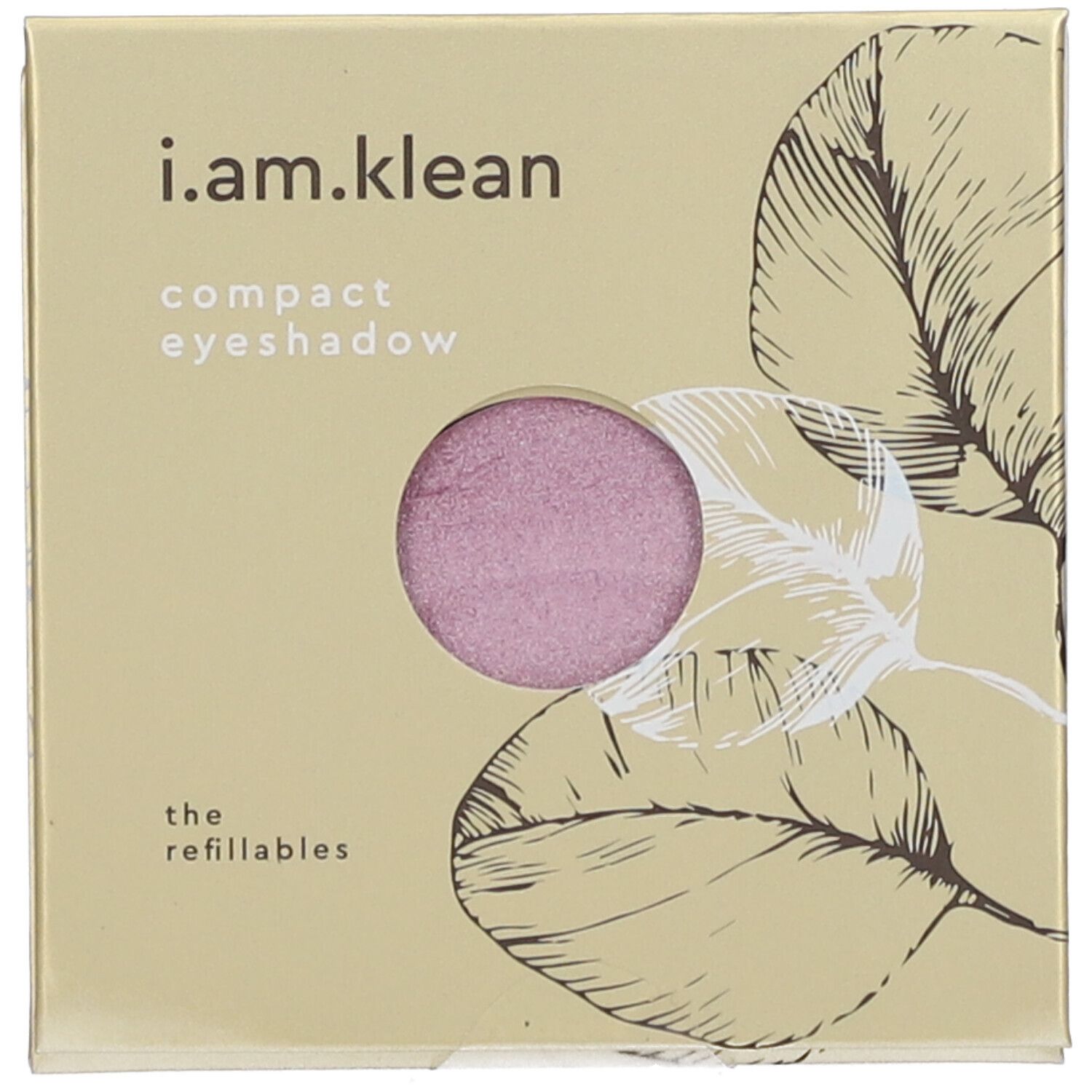 Kompakter Lidschatten in einer quadratischen Verpackung. Rosa Lidschatten in einem runden Behälter. Marke: i.am.klean.