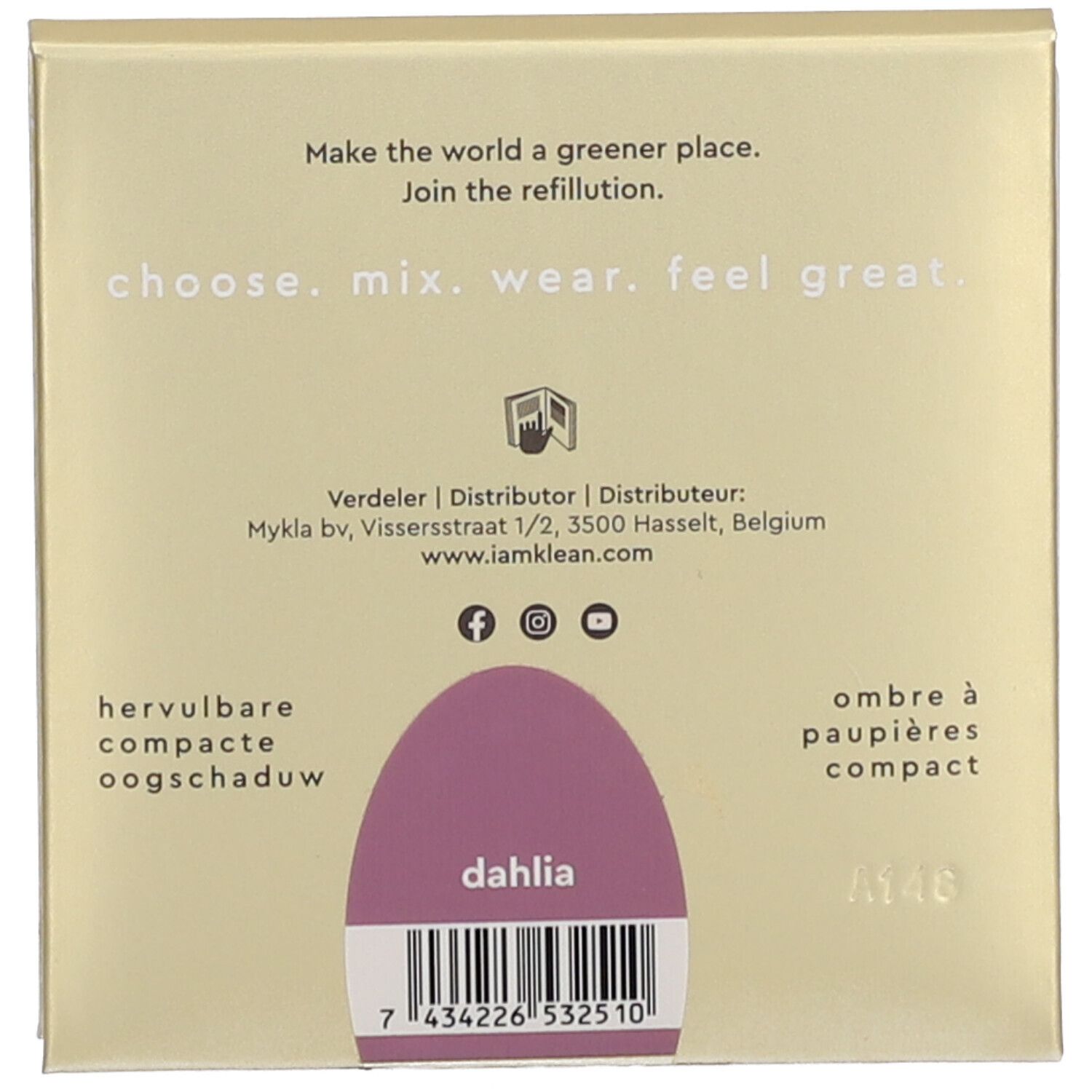 Rückseite der Verpackung. Text: 'choose. mix. wear. feel great.' Unten: 'dahlia' und Barcode. Marke: i.am.klean.