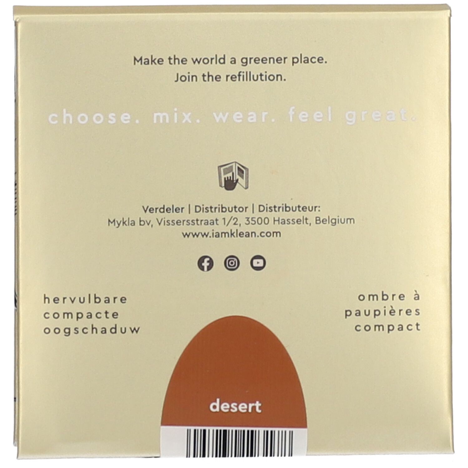 Dos de l'emballage du fard à paupières. Texte : 'choose. mix. wear. feel great'. En bas : 'desert'. Coordonnées et icônes de réseaux sociaux.