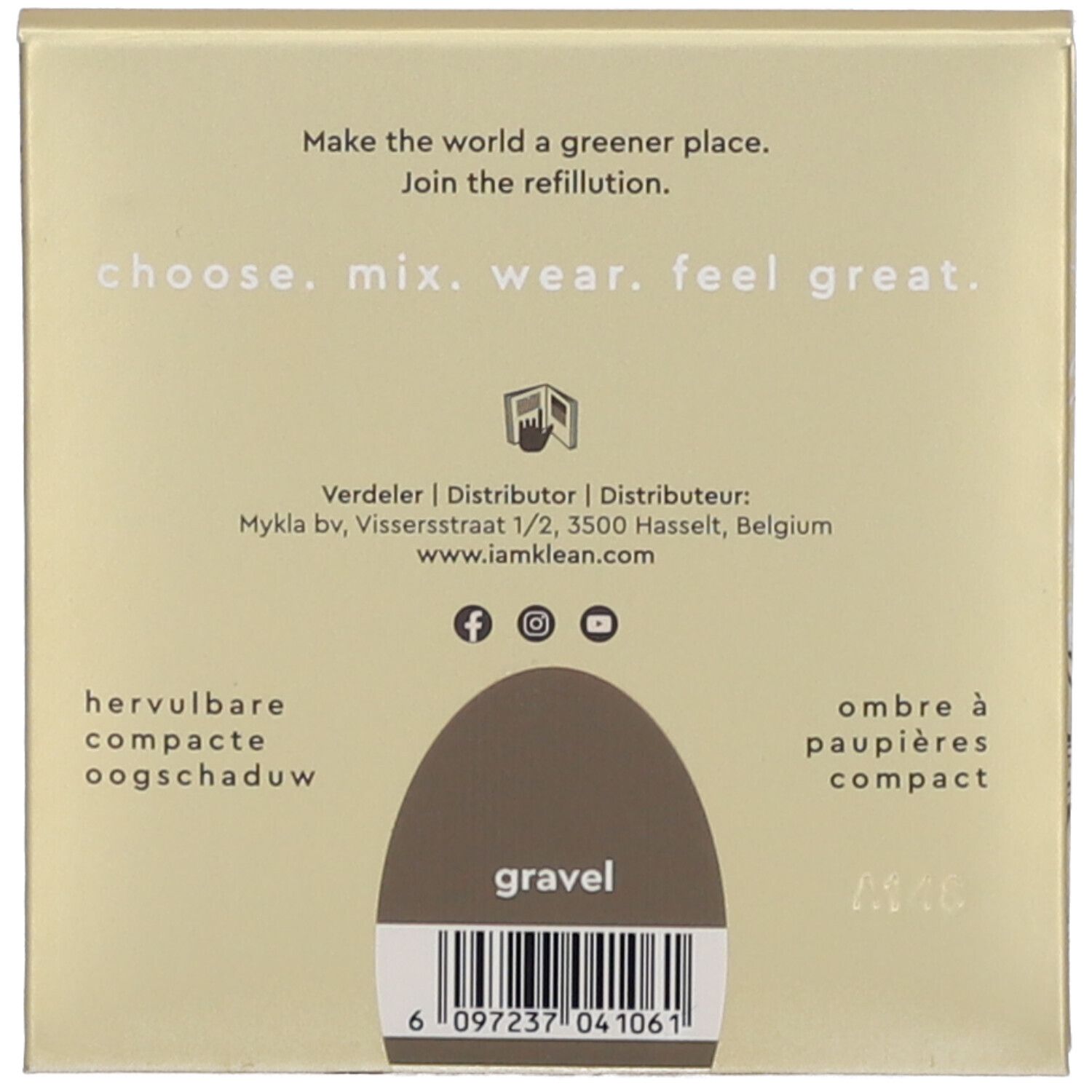 Rückseite der Verpackung. Text: 'choose. mix. wear. feel great.' und 'gravel'. Barcode und Kontaktinformationen.