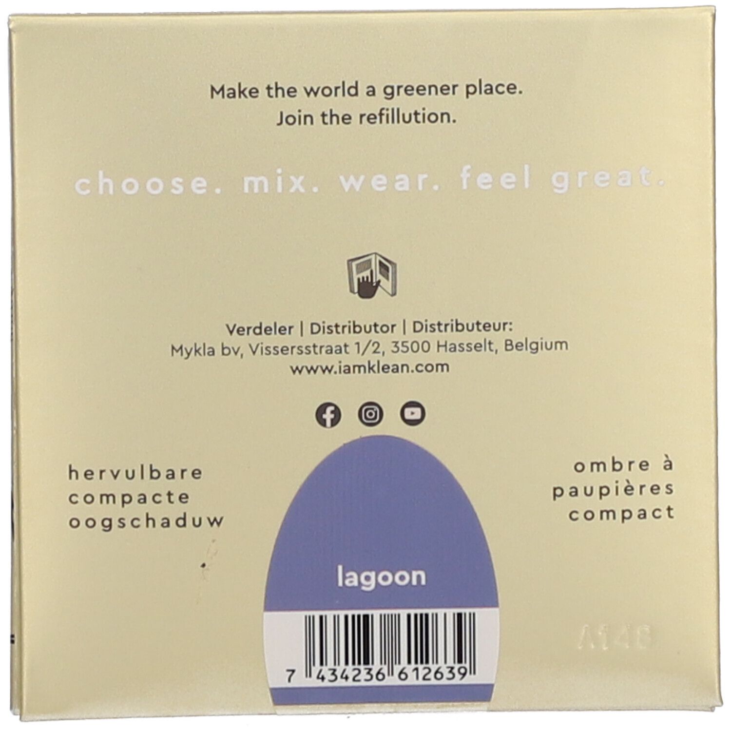Rückseite der Lidschattenverpackung. Text: Lagoon, Barcode, Kontaktinformationen und Slogan.