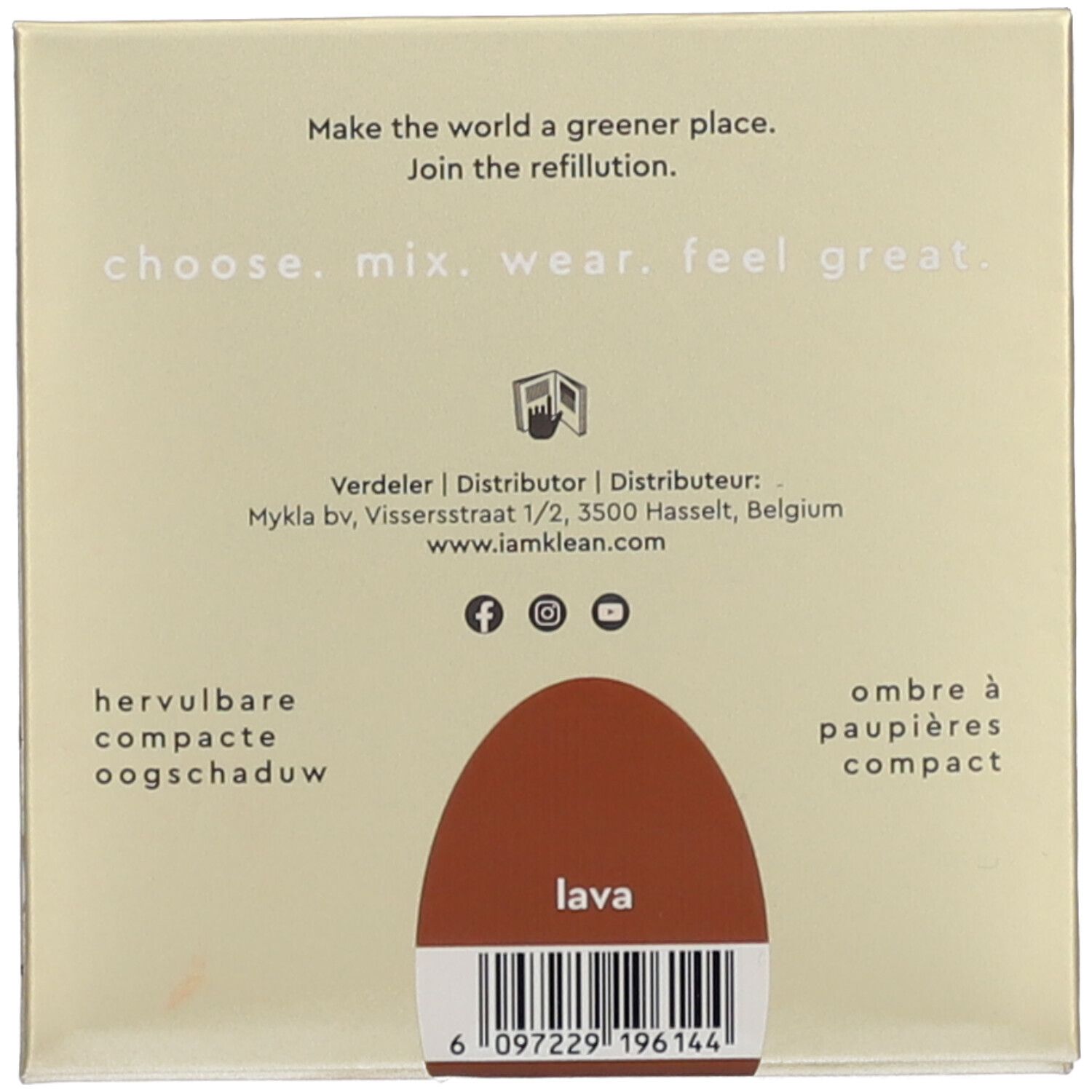 Rückseite der Lidschattenverpackung. Text: choose. mix. wear. feel great. Farbe: Lava. Barcode.