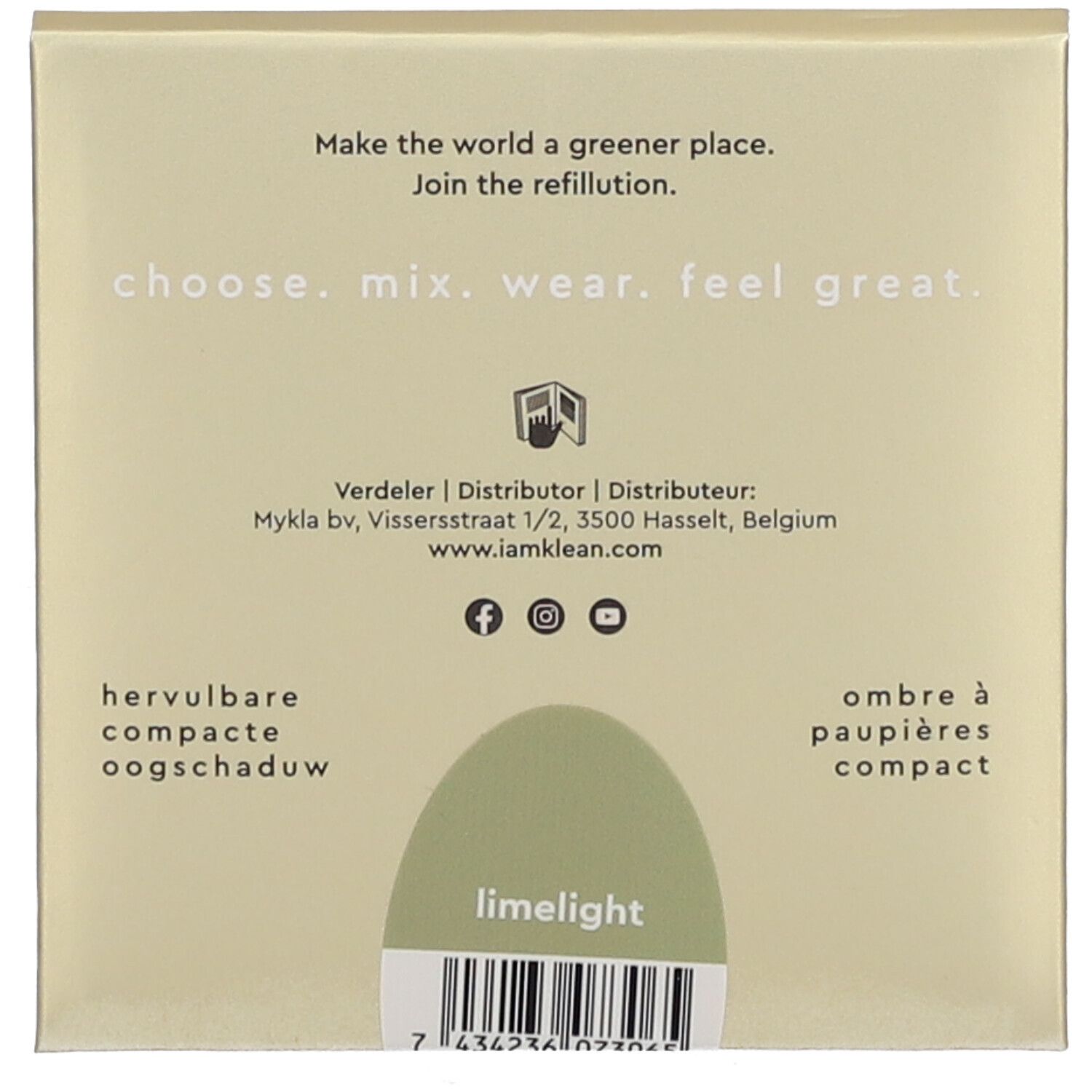 Rückseite der Lidschattenverpackung. Text: "Choose. Mix. Wear. Feel great." Produktname: Limelight. Barcode und Kontaktinformationen.
