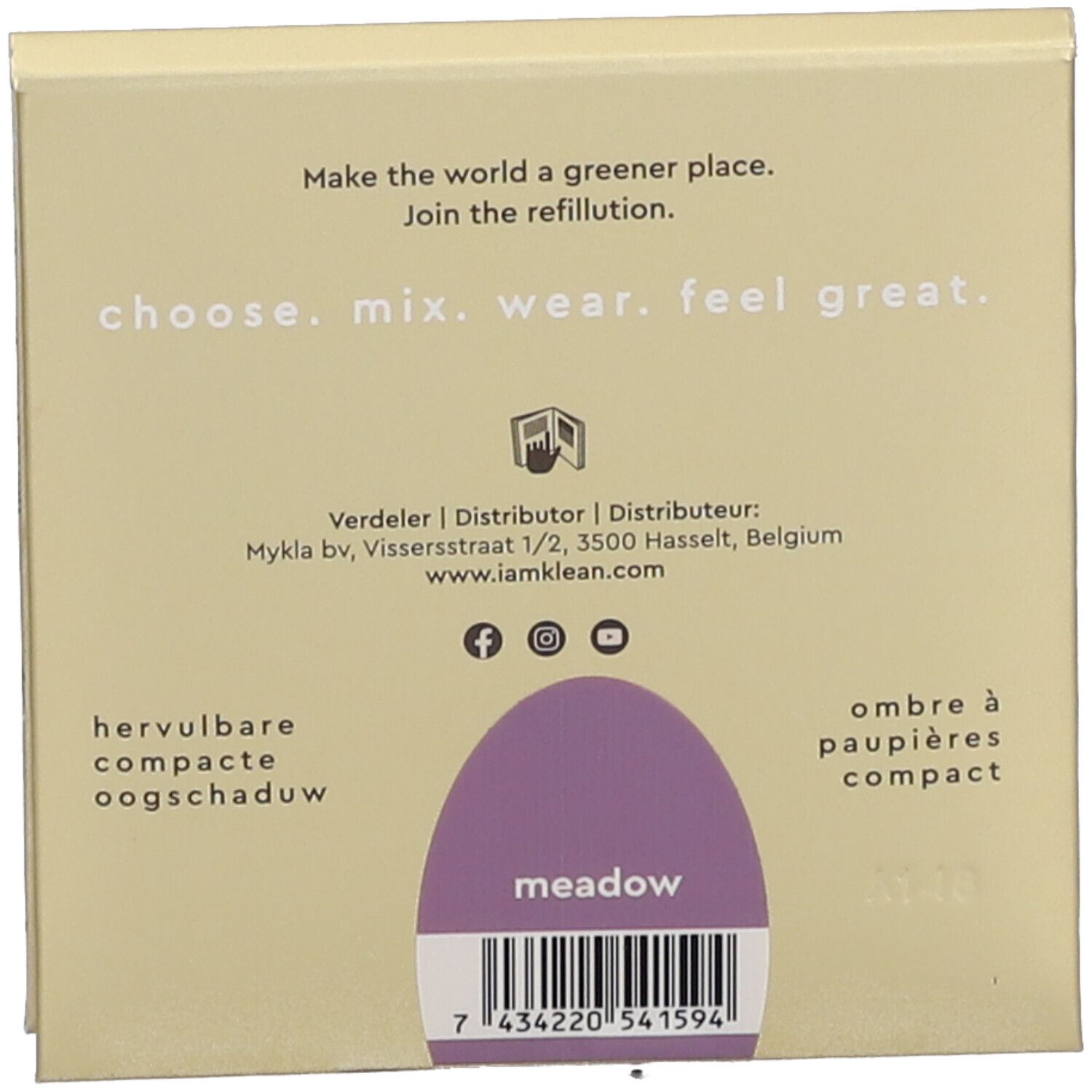 Rückseite der Lidschattenverpackung. Text: choose. mix. wear. feel great. Produktname: meadow. Barcode. Kontaktinformationen.