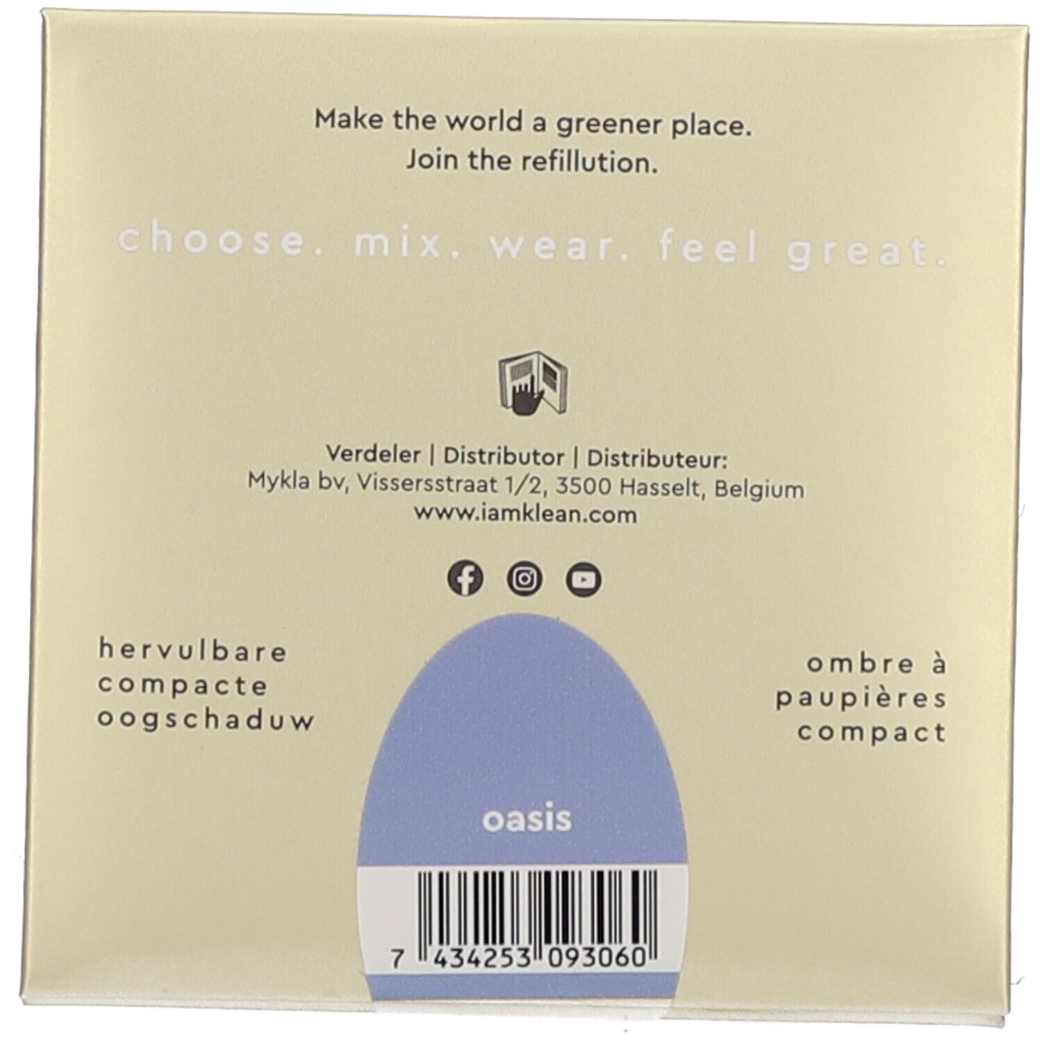 Compacte oogschaduw Oasis. Opschrift: choose. mix. wear. feel great. Barcode en tekst: hervulbare compacte oogschaduw, ombre à paupières compact.