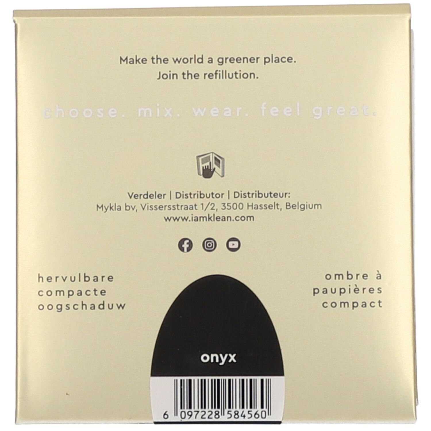 Rückseite der Lidschattenverpackung. Text: Onyx, hervulbare compacte oogschaduw, ombre à paupières compact.