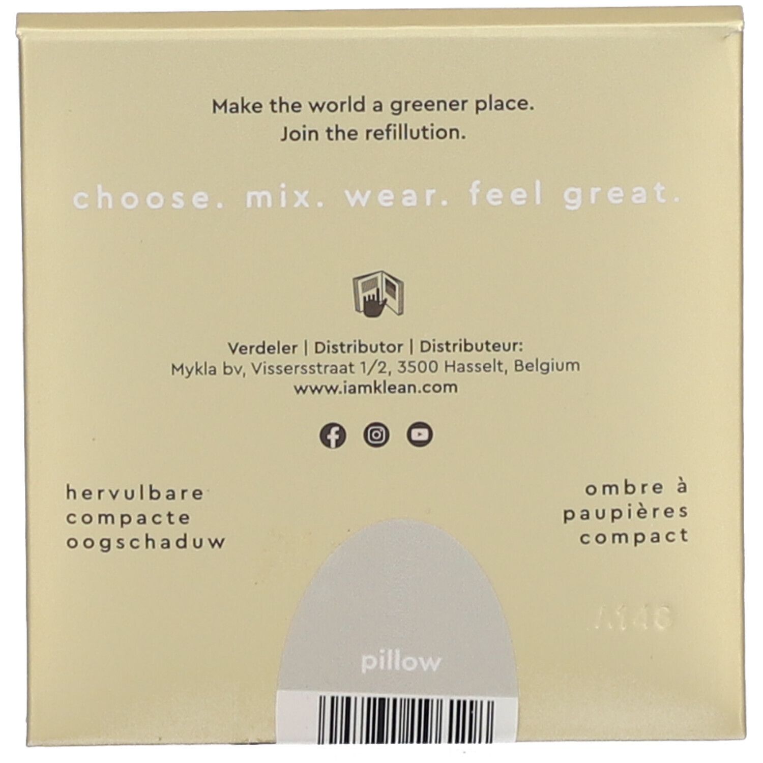Kompakte Lidschatten-Verpackung. Text: „choose. mix. wear. feel great.“ Adresse und Website. „pillow“ und Barcode.