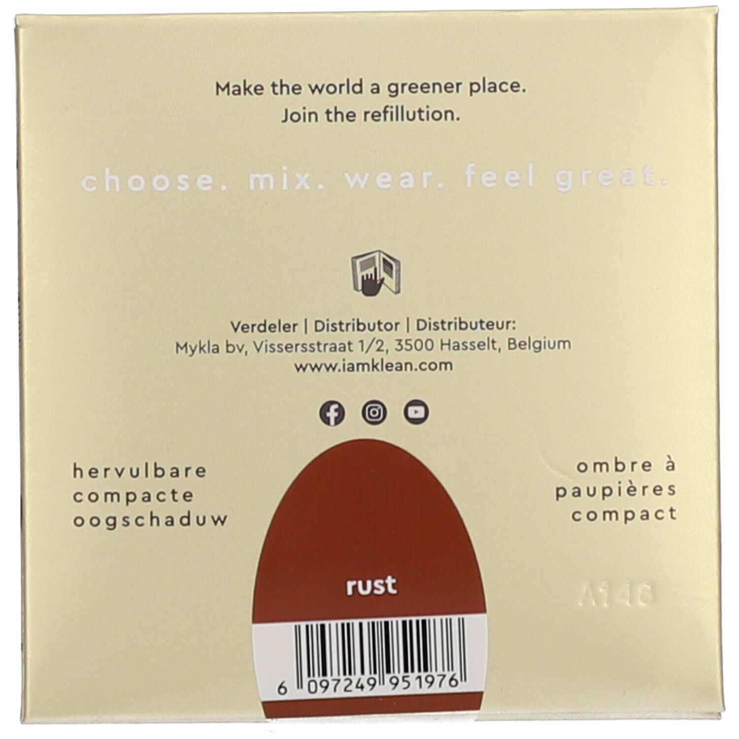 Rückseite der Verpackung. Text: "choose. mix. wear. feel great." Unten: "rust" und Barcode. Kontaktinformationen und Social-Media-Symbole.