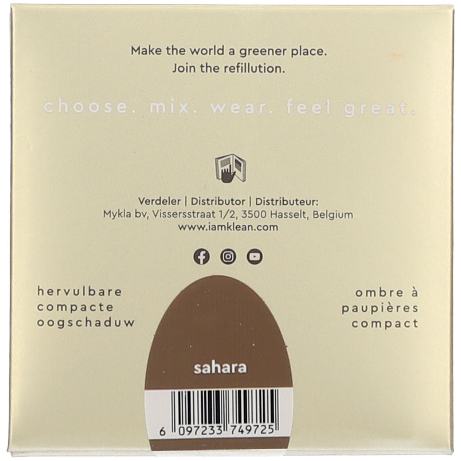 Rückseite der Lidschattenverpackung. Text: Sahara, hervulbare compacte oogschaduw, ombre à paupières compact.