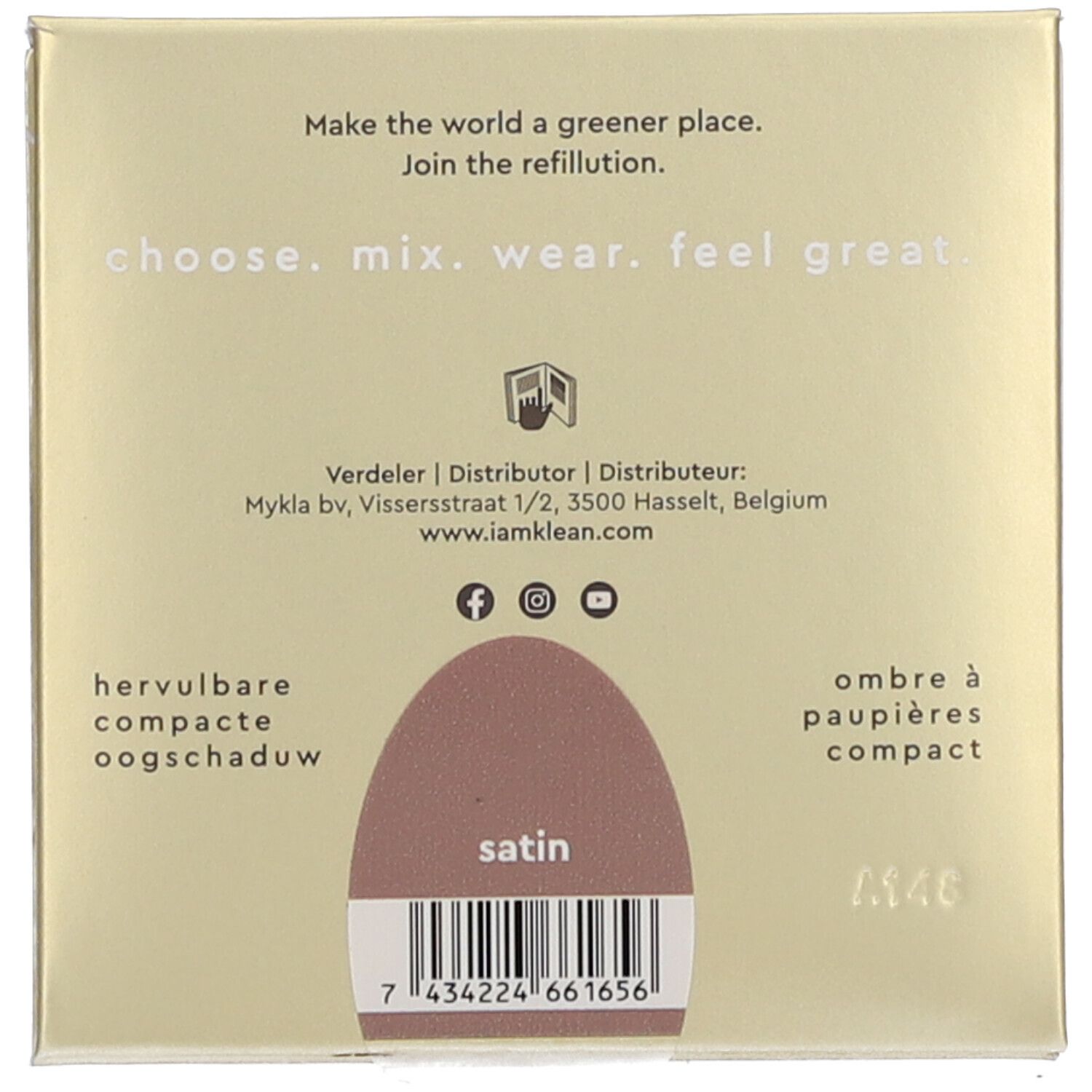 Achterkant van de oogschaduwverpakking. Tekst: choose. mix. wear. feel great. Opschrift: satin. Barcode.