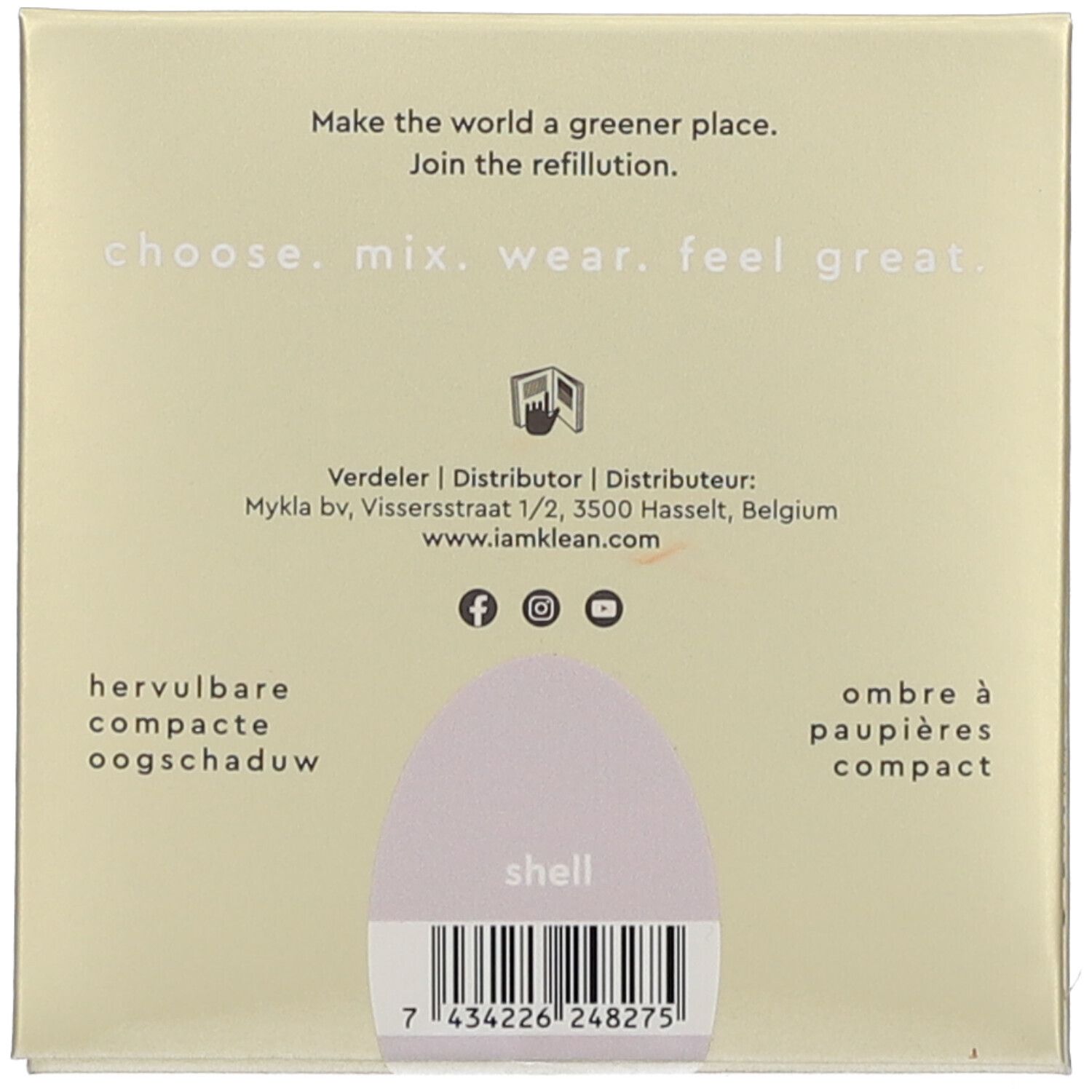 Dos de la palette de fard à paupières. Texte : 'choose. mix. wear. feel great.' Code-barres et coordonnées.