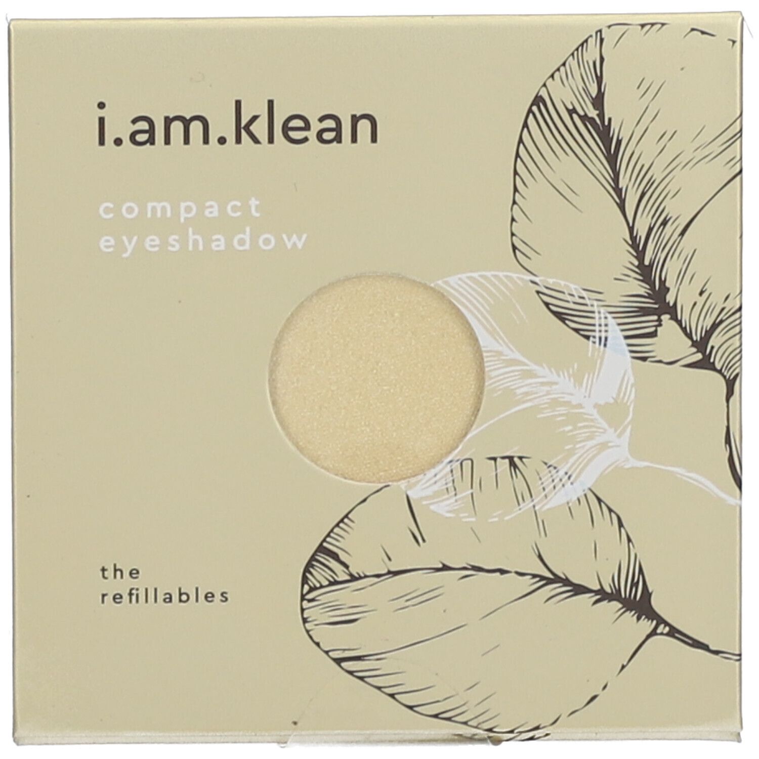 Beige compacte oogschaduw in vierkante verpakking. Merk: i.am.klean. Tekst: compact eyeshadow, the refillables.