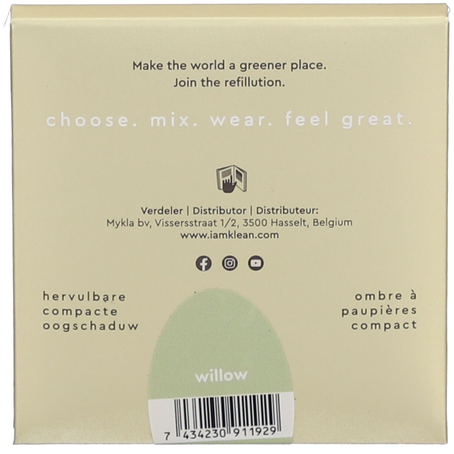 Achterkant van de oogschaduwverpakking. Tekst: choose. mix. wear. feel great. Willow-tint. Streepjescode. Adres fabrikant.