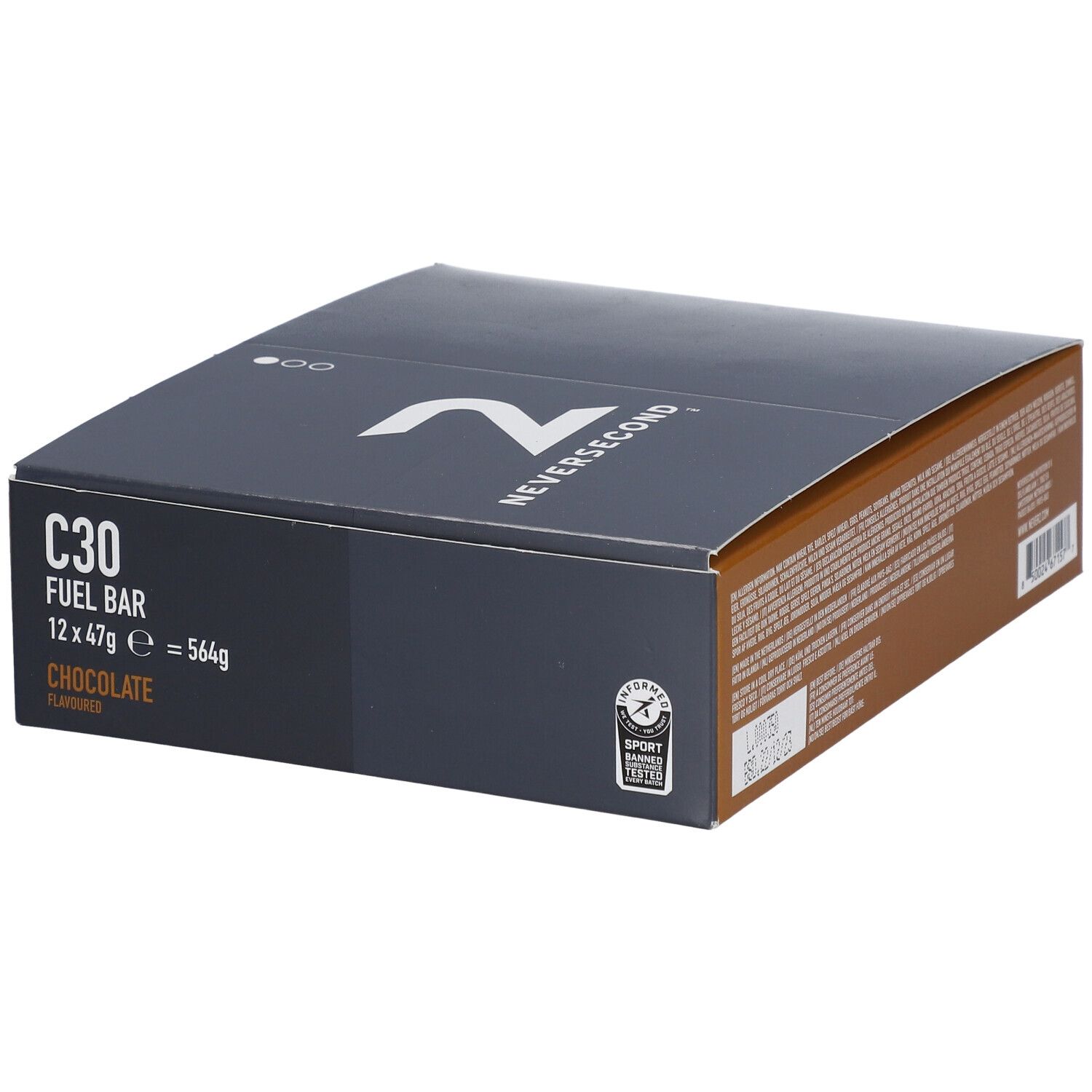 Boîte grise foncée avec C30 Fuel Bar, 12x47g, saveur chocolat. Marque NEVERSECOND, label sportif.
