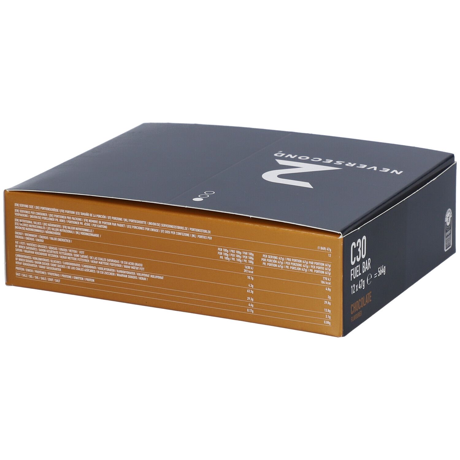Boîte grise foncée avec texte. C30 Fuel Bar, 12x47g, saveur chocolat. Marque NEVERSECOND.