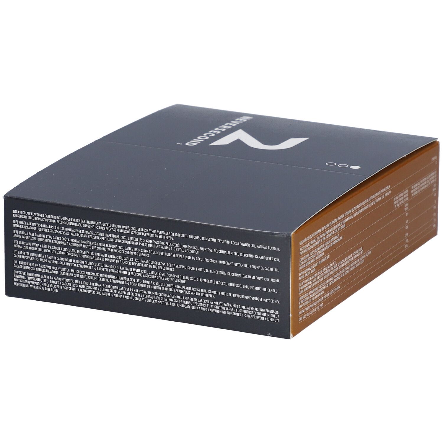 Boîte grise foncée avec texte. C30 Fuel Bar, 12x47g, saveur chocolat. Marque NEVERSECOND.