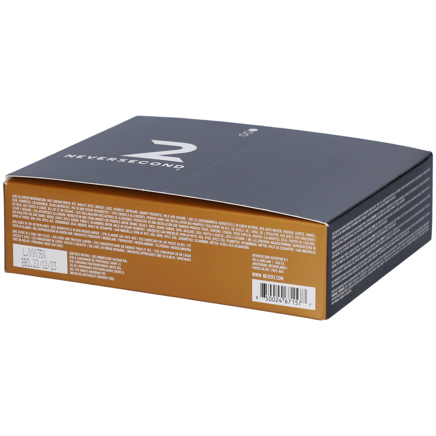 Boîte grise foncée avec texte. C30 Fuel Bar, 12x47g, saveur chocolat. Marque NEVERSECOND.