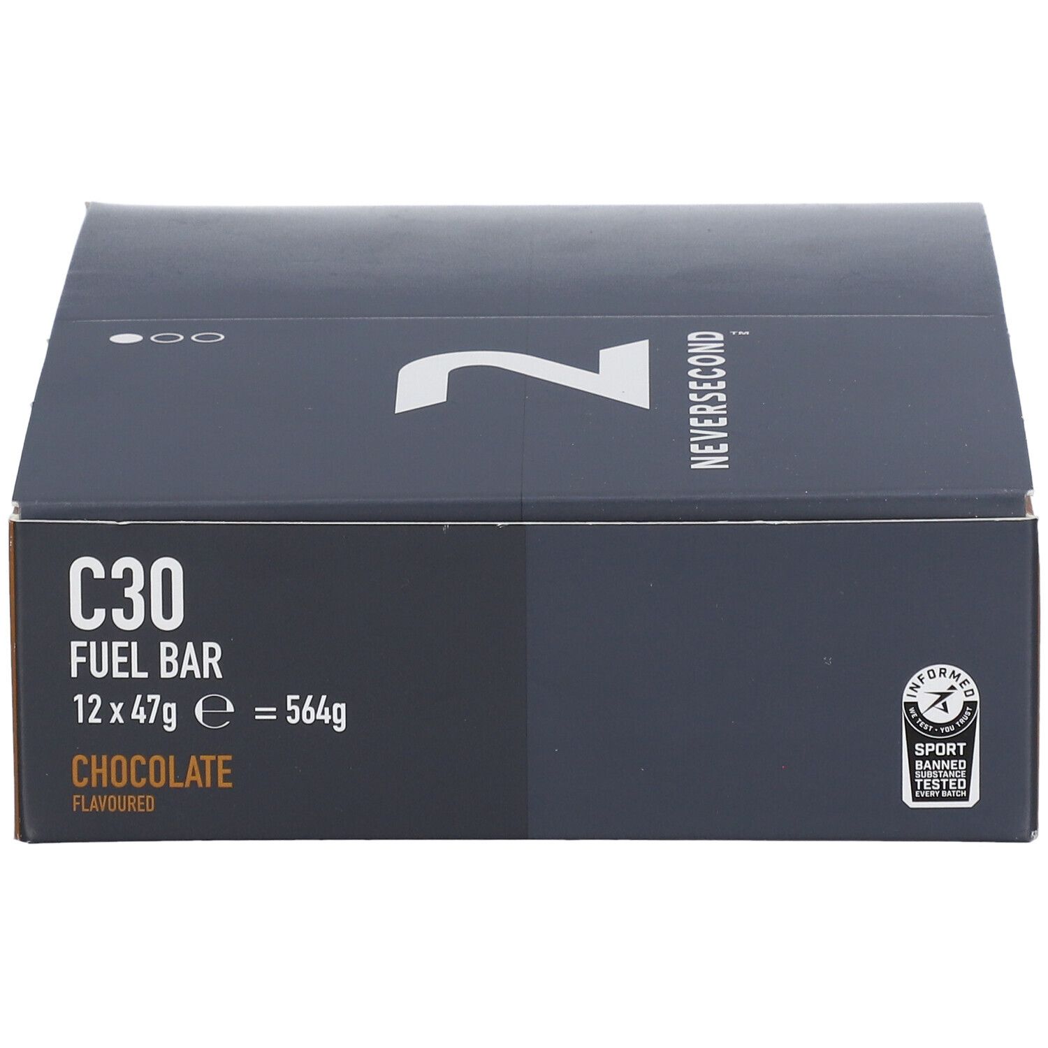 Boîte grise foncée avec C30 Fuel Bar, 12x47g, saveur chocolat. Marque NEVERSECOND, label sportif.