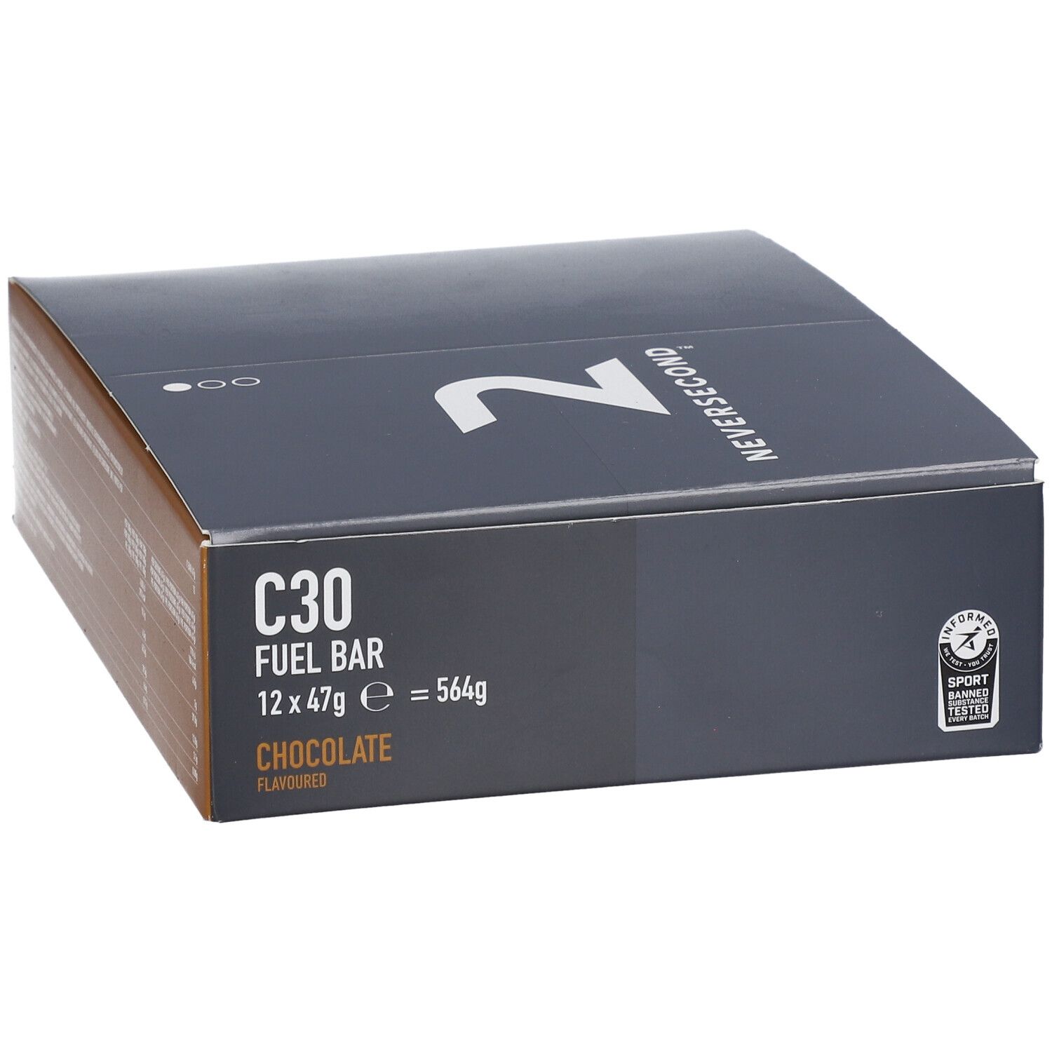 Boîte grise foncée avec C30 Fuel Bar, 12x47g, saveur chocolat. Marque NEVERSECOND, label sportif.