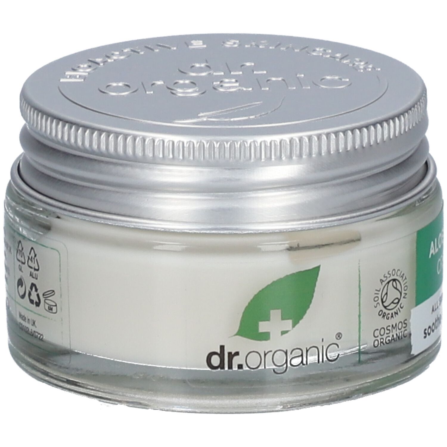 Creme-Glas mit silbernem Deckel. Aufschrift: dr.organic, Aloe Vera Cream, alle Hauttypen, beruhigen & reparieren. Vegan.