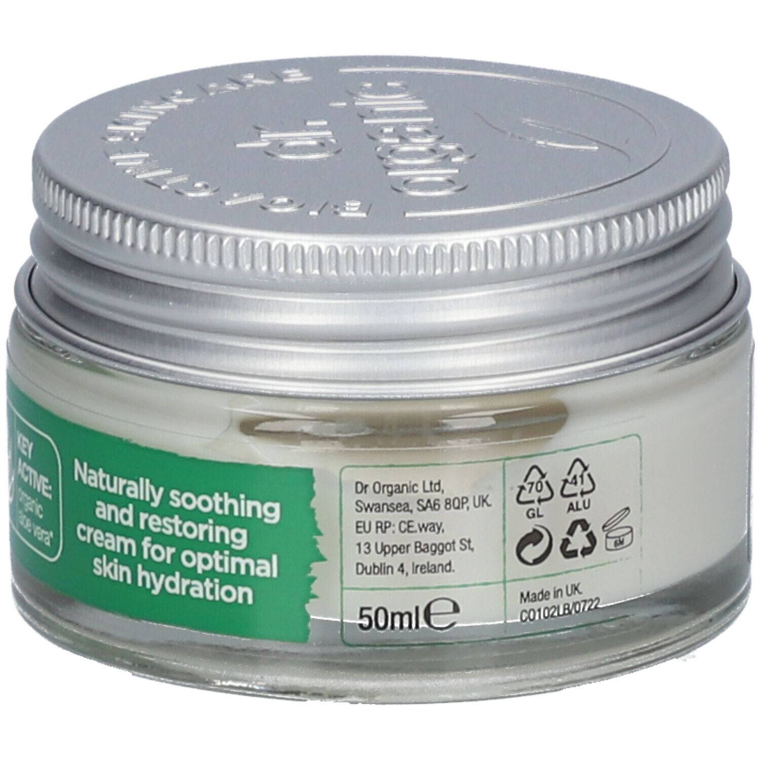 Creme-Glas mit silbernem Deckel. Aufschrift: Natürlich beruhigende und wiederherstellende Creme für optimale Hautfeuchtigkeit. 50ml.
