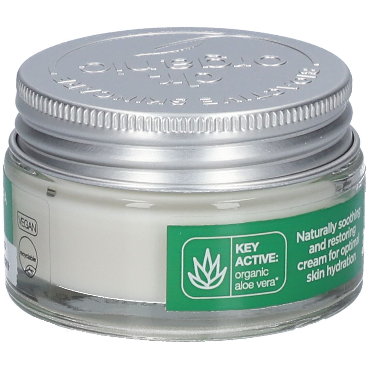 Creme-Glas mit silbernem Deckel. Aufschrift: Natürlich beruhigende und wiederherstellende Creme für optimale Hautfeuchtigkeit. Vegan.