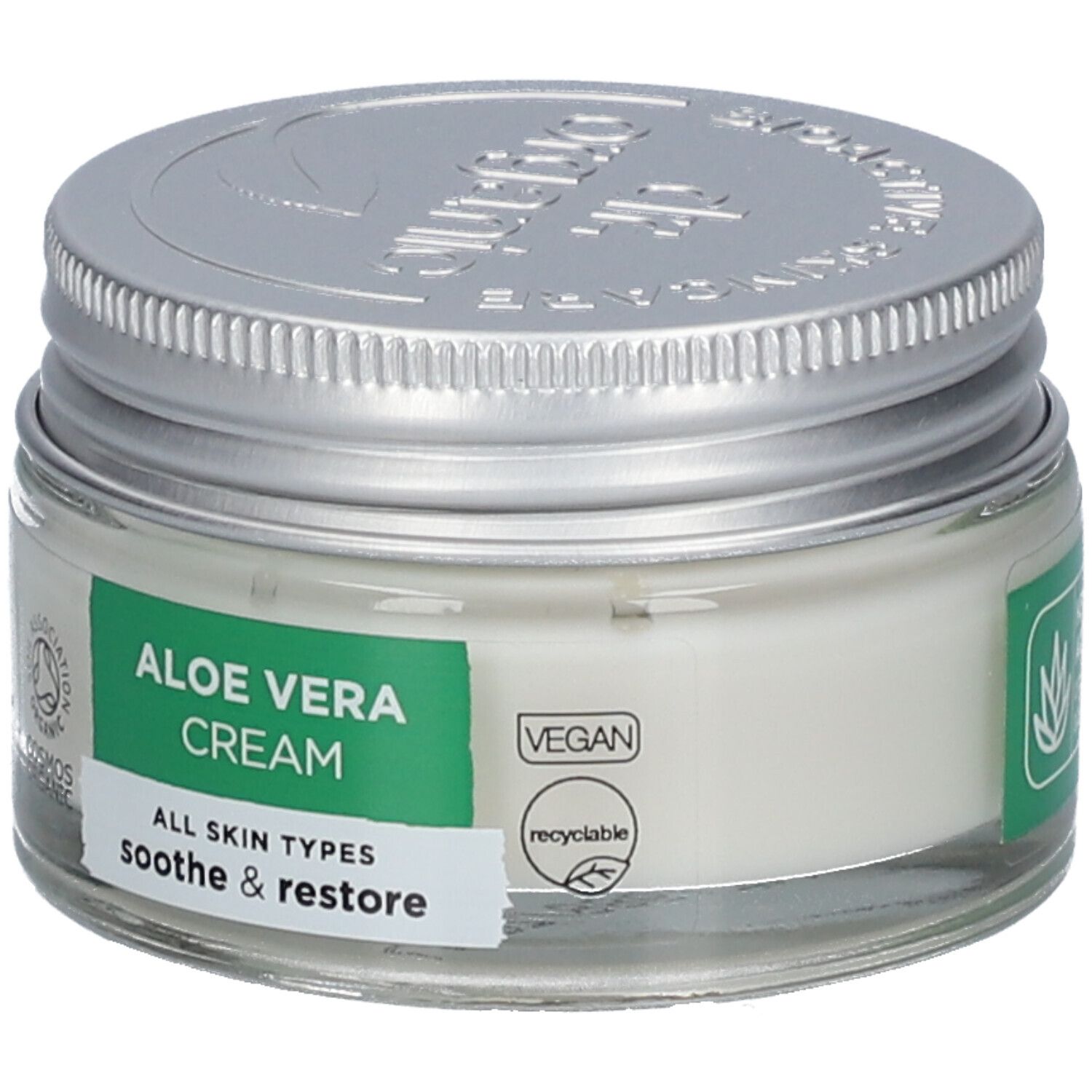 Creme-Glas mit silbernem Deckel. Aufschrift: Aloe Vera Cream, alle Hauttypen, beruhigen & reparieren. Vegan, recycelbar.
