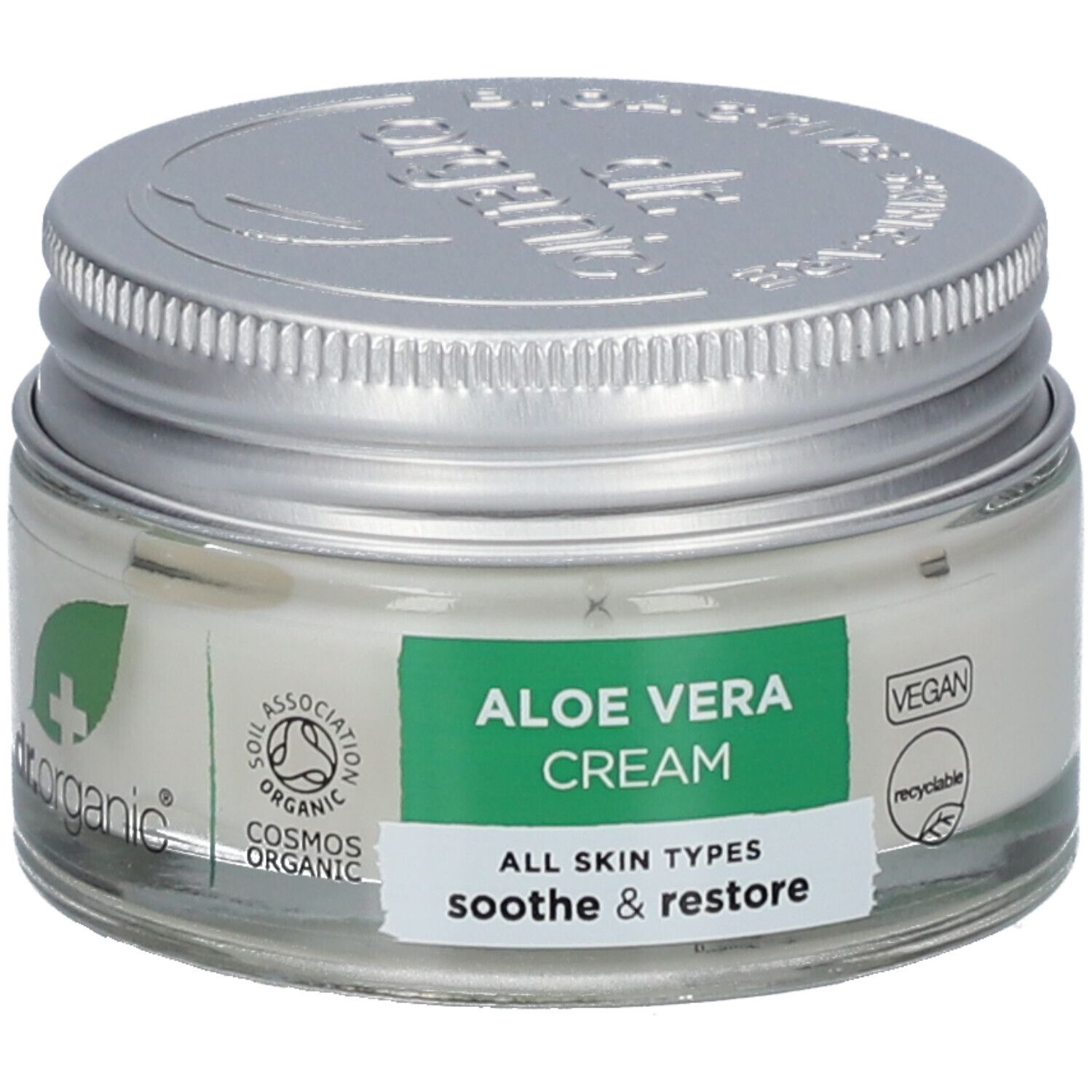 Creme-Glas mit silbernem Deckel. Aufschrift: dr.organic, Aloe Vera Cream, alle Hauttypen, beruhigen & reparieren. Vegan, recycelbar.