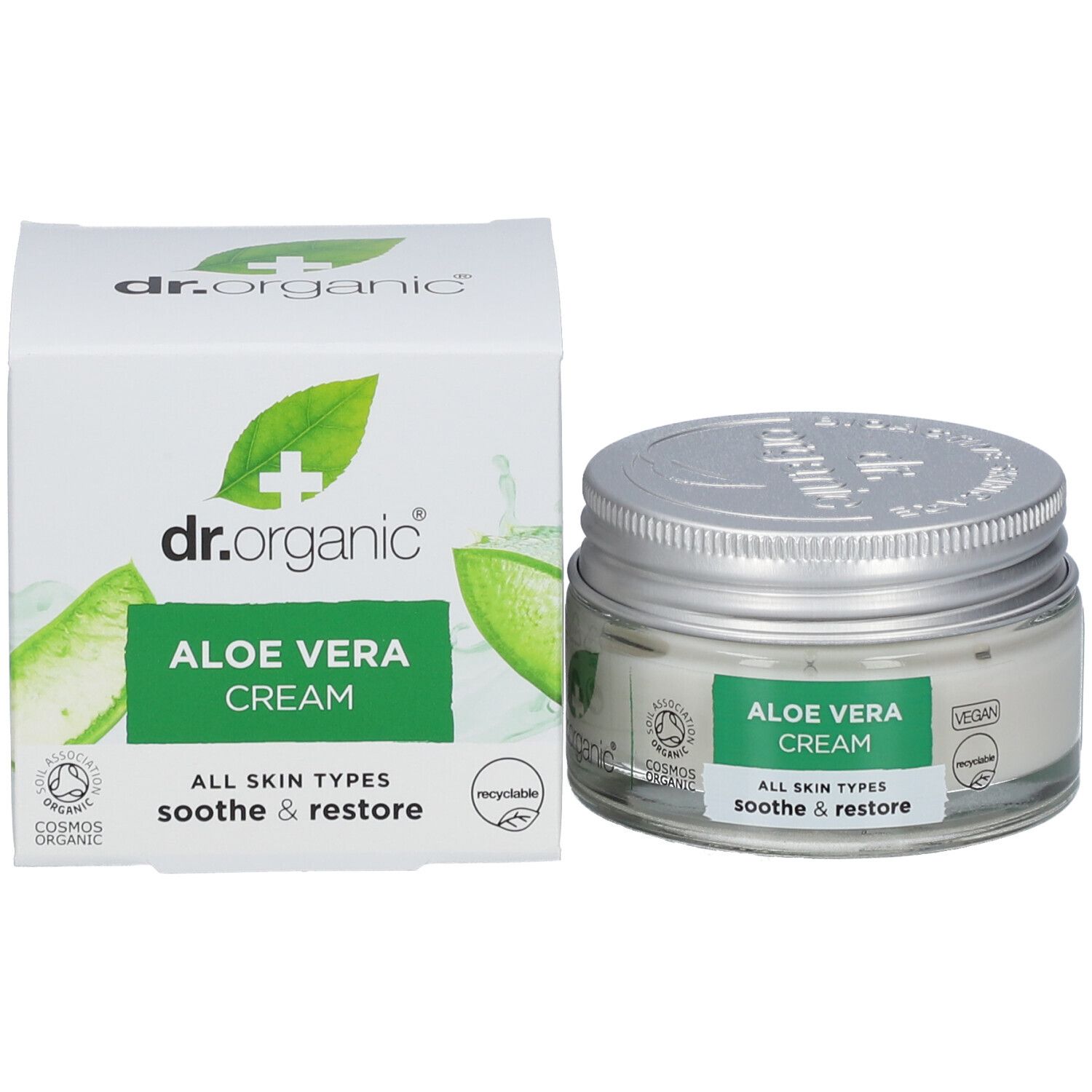 Creme-Glas und Schachtel. Aufschrift: dr.organic, Aloe Vera Cream, alle Hauttypen, beruhigen & reparieren. Vegan, recycelbar.