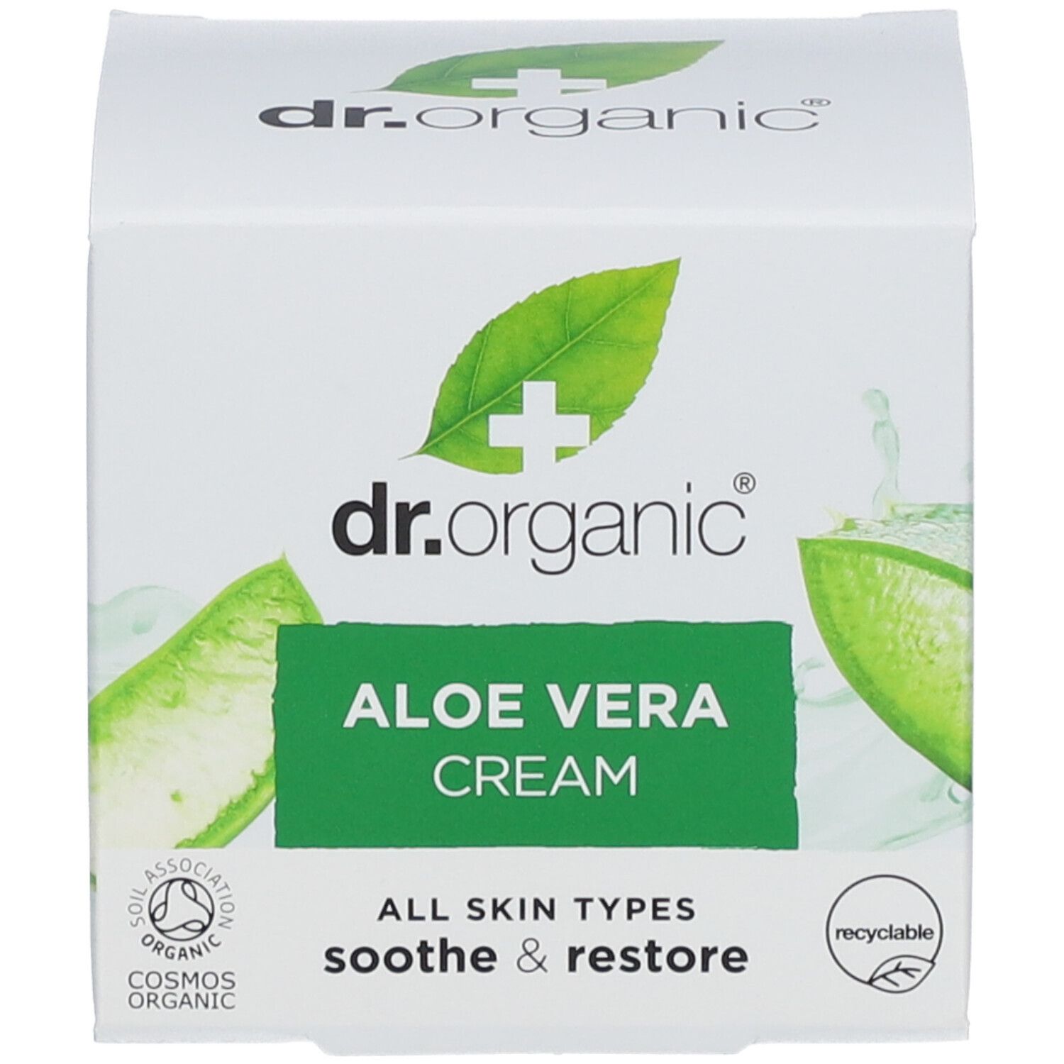 Schachtel. Aufschrift: dr.organic, Aloe Vera Cream, alle Hauttypen, beruhigen & reparieren. Vegan, recycelbar. Abbildung von Aloe Vera.
