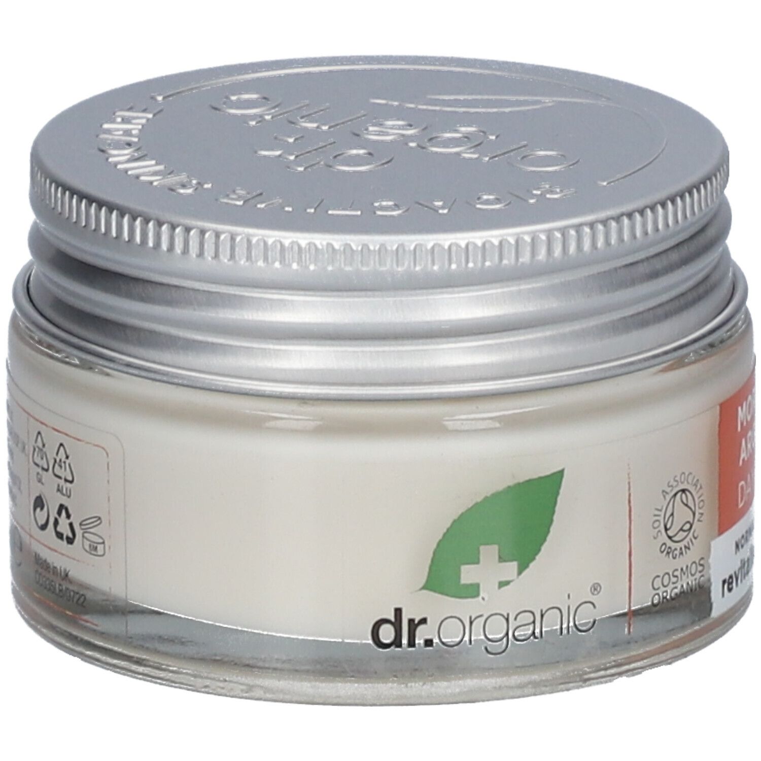 Creme in einem Glasbehälter mit silbernem Deckel. Das Etikett zeigt "dr.organic" und das Logo.  Es gibt auch das COSMOS ORGANIC-Siegel.