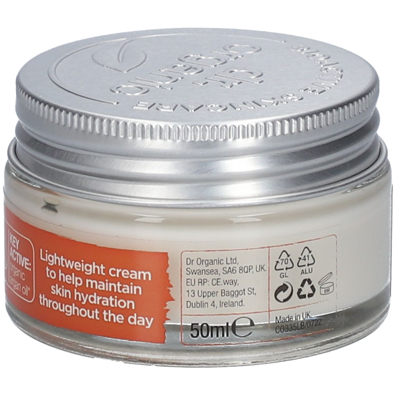 Creme in einem Glasbehälter mit silbernem Deckel. Auf dem Etikett stehen Informationen wie "Lightweight cream" und "50ml".