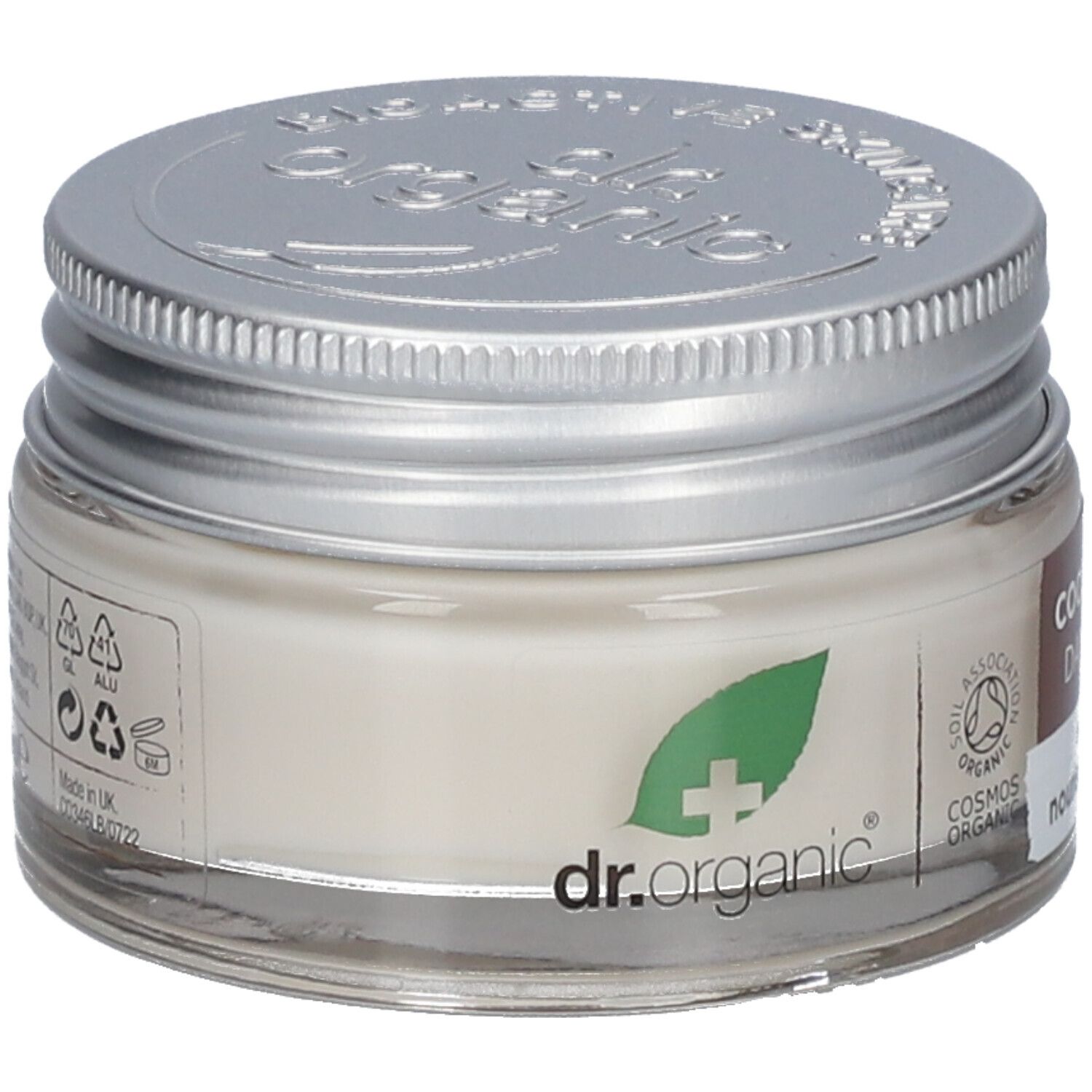 Crèmepot met deksel. Label: dr.organic, logo's, informatie. Vegan-zegel.