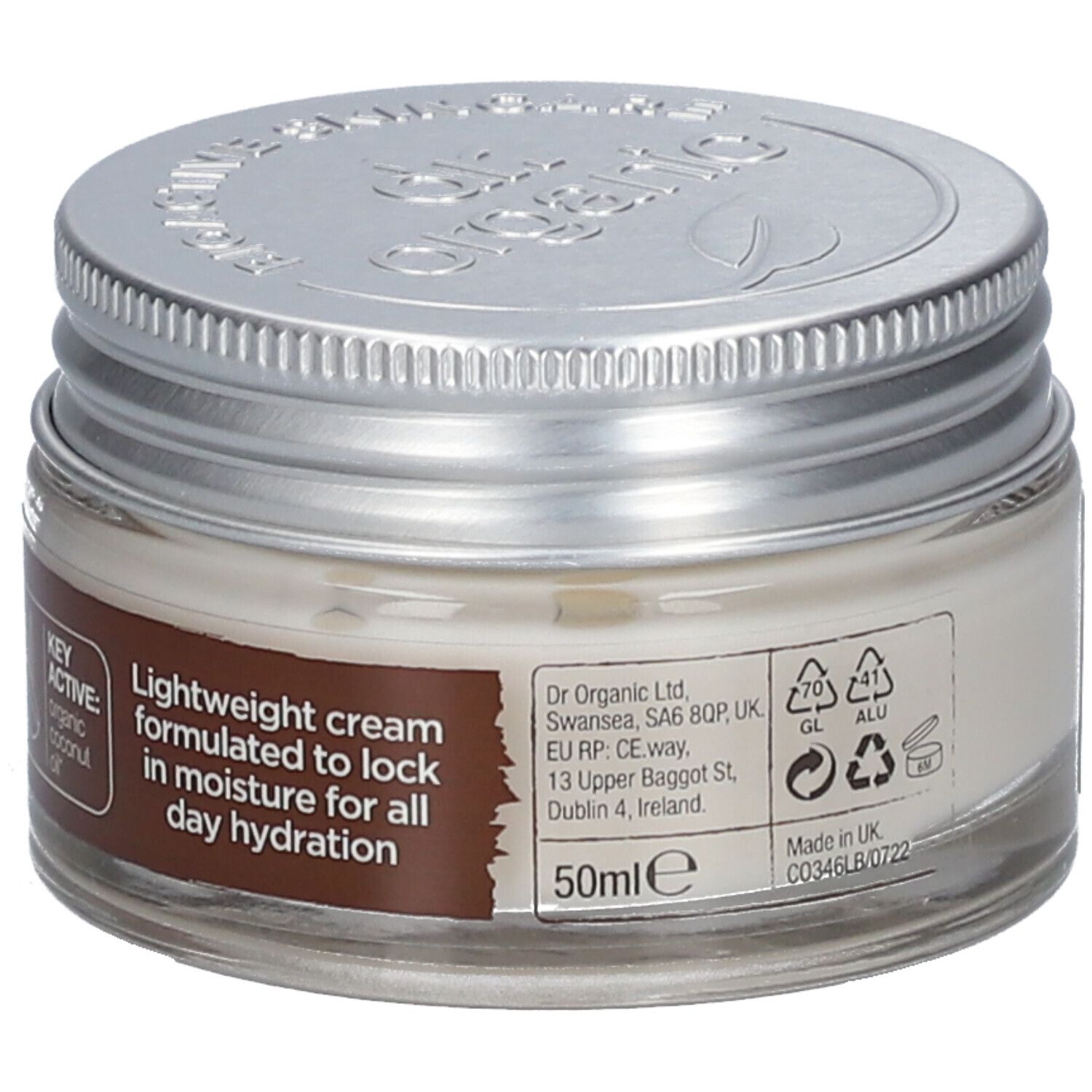Crèmepot met deksel. Label: Lightweight cream, 50ml, informatie. Recyclingsymbolen.