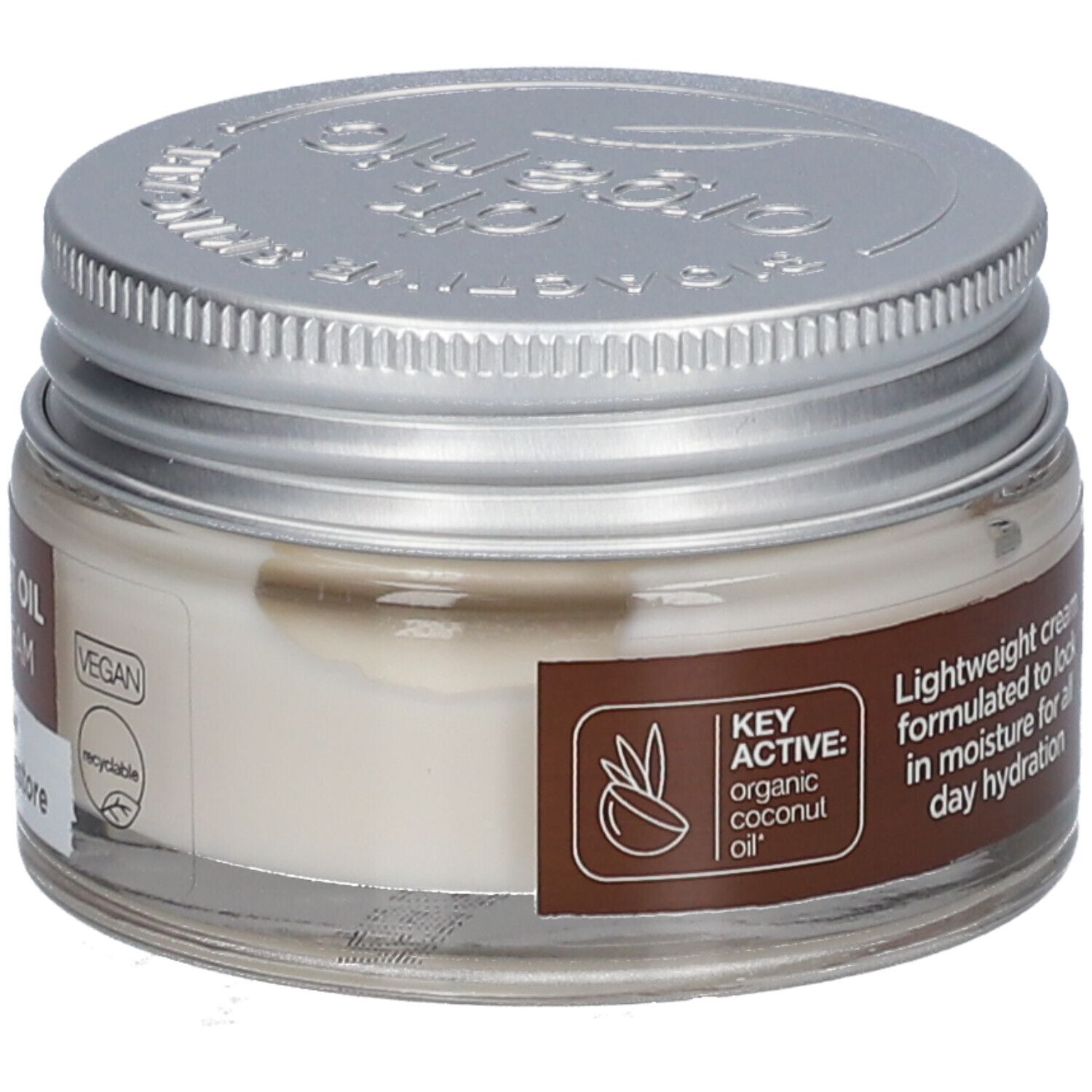 Crèmepot met deksel. Label: Lightweight cream, KEY ACTIVE: organic coconut oil. Vegan-zegel.