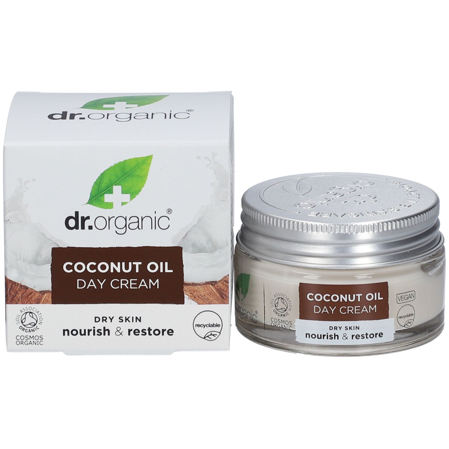 Crèmepot en doos. Op de doos: dr.organic, COCONUT OIL DAY CREAM, DRY SKIN, nourish & restore. Vegan-zegel.