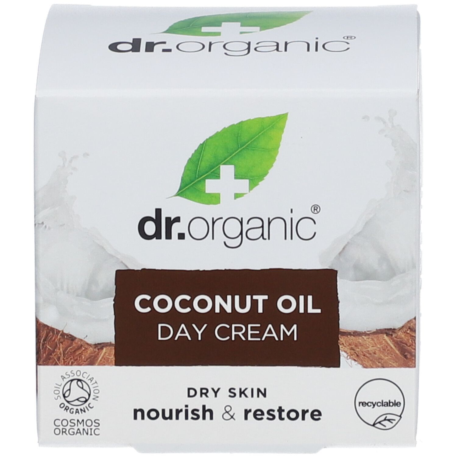 Doos. Op de doos: dr.organic, COCONUT OIL DAY CREAM, DRY SKIN, nourish & restore. Vegan-zegel.