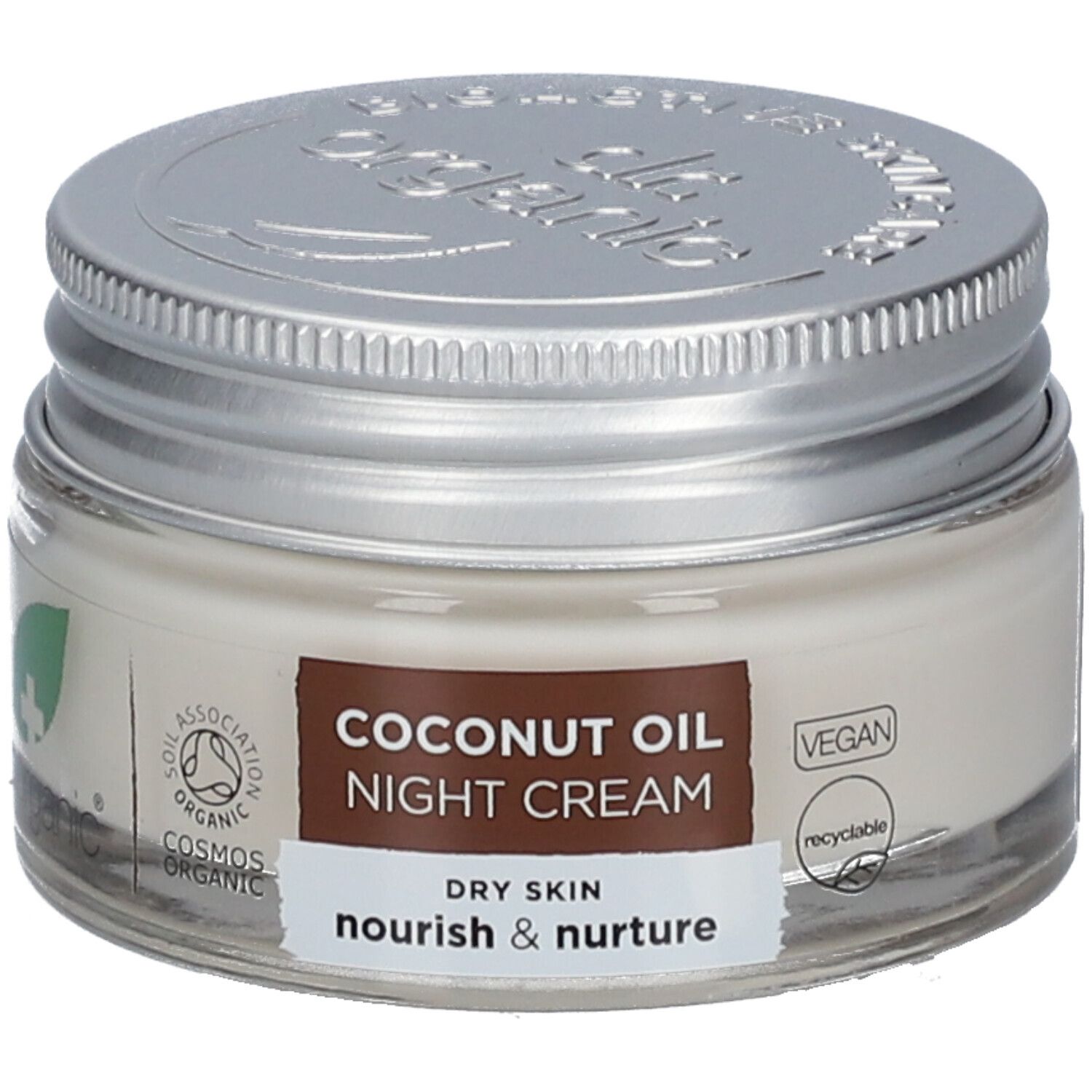 Creme-Glas mit silbernem Deckel. Aufschrift: Coconut Oil Night Cream, Dry Skin, nourish & nurture. Vegan-Siegel.